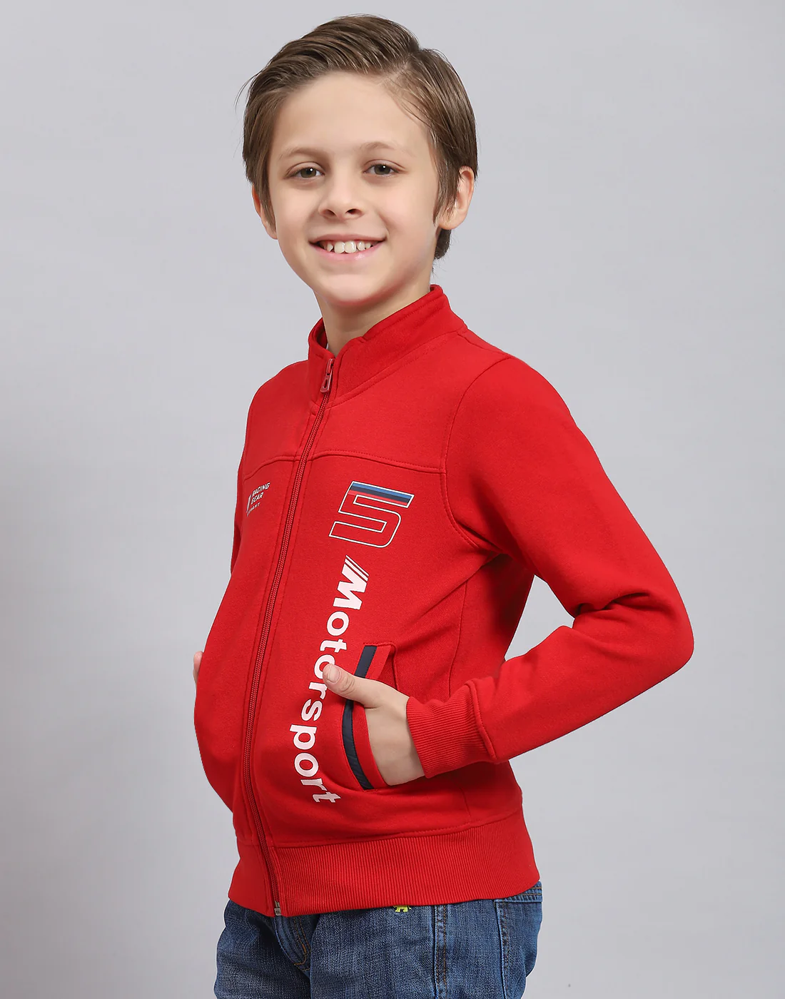 Boys Red Printed Stand Collar Full Sleeve Sweatshirt - Image 3