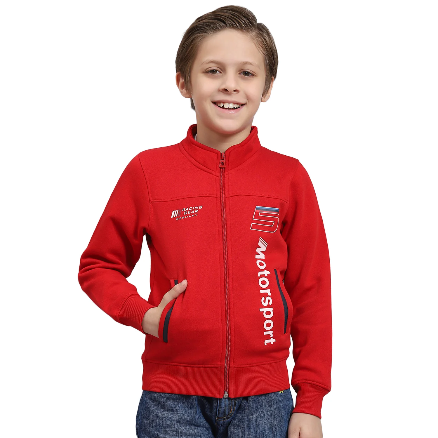 Boys Red Printed Stand Collar Full Sleeve Sweatshirt - Image 5
