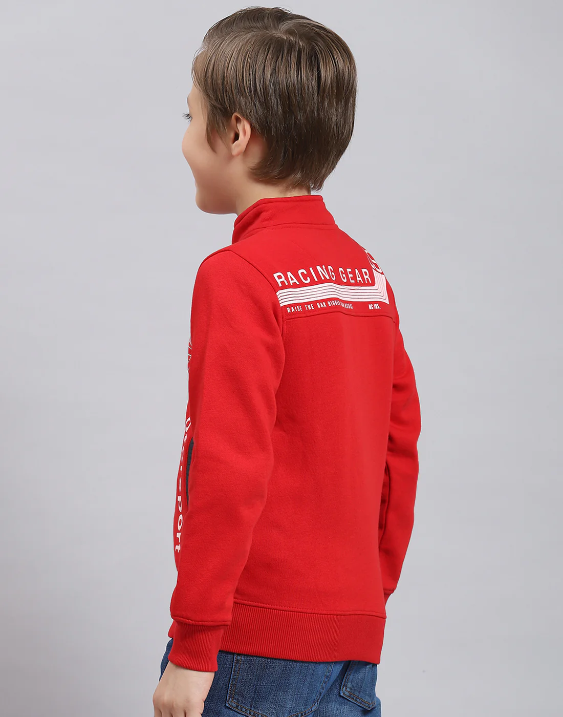Boys Red Printed Stand Collar Full Sleeve Sweatshirt - Image 6