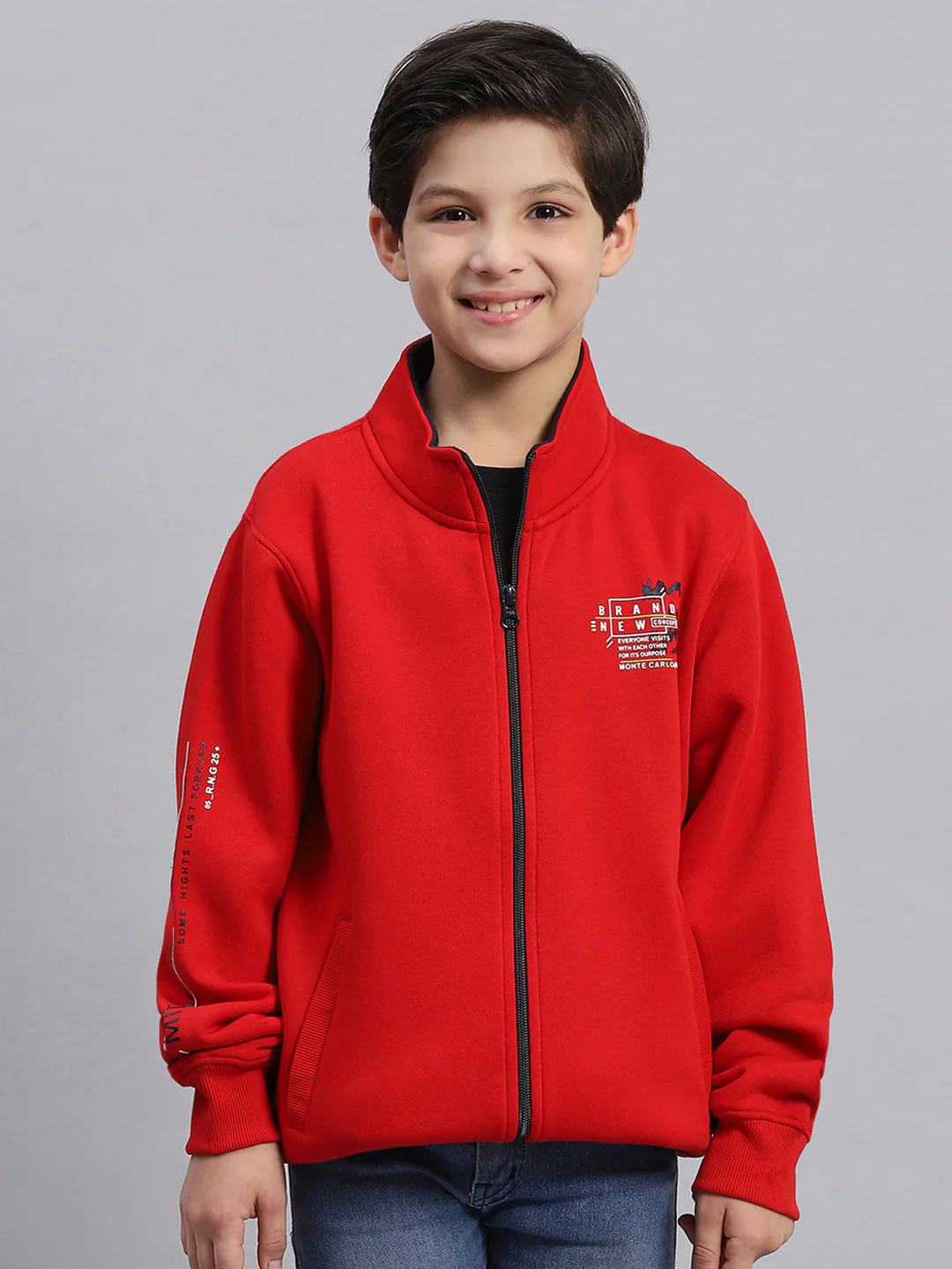 Boys Red Printed Stand Collar Full Sleeve Sweatshirt - Image 2