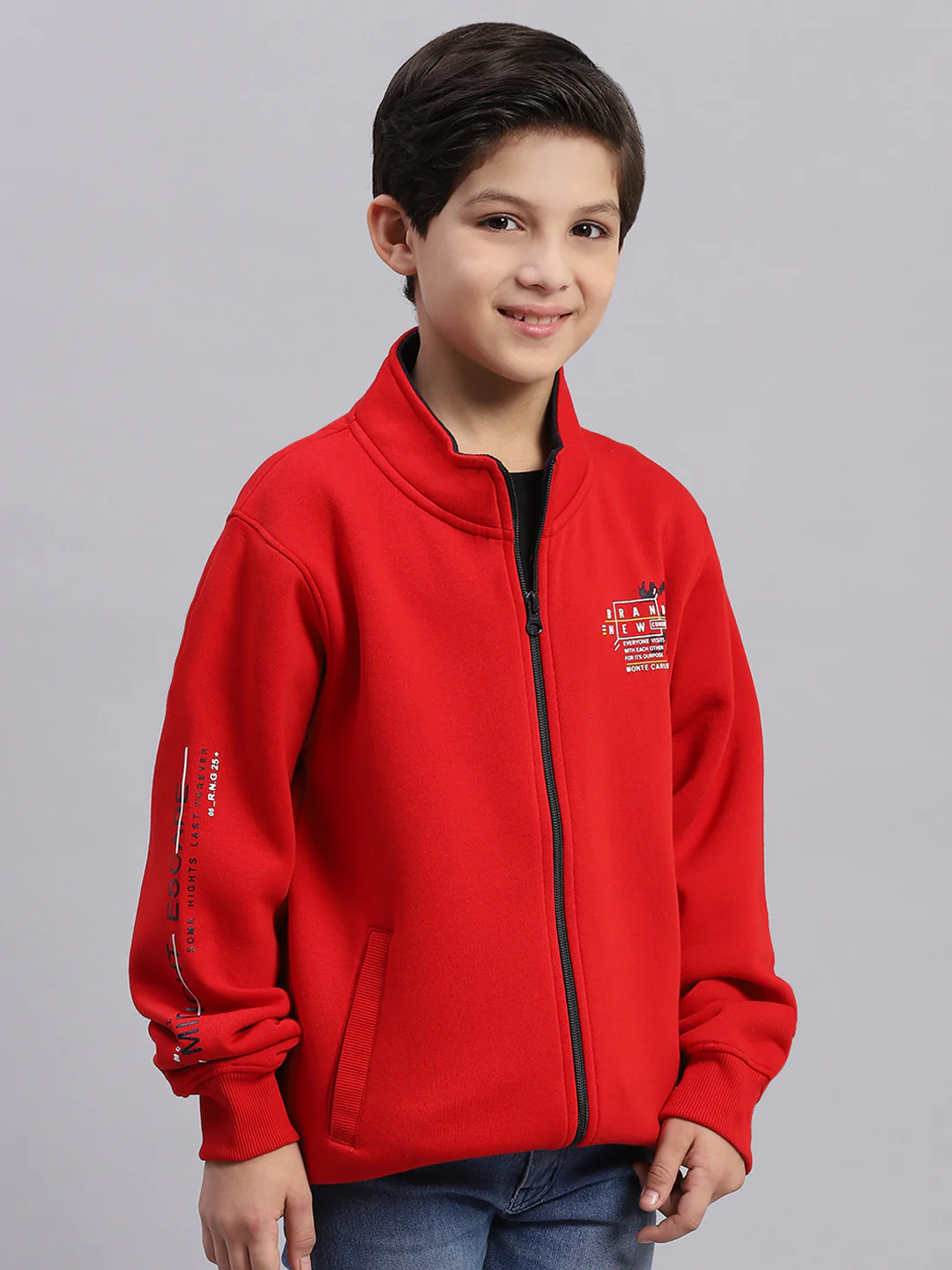 Boys Red Printed Stand Collar Full Sleeve Sweatshirt - Image 4