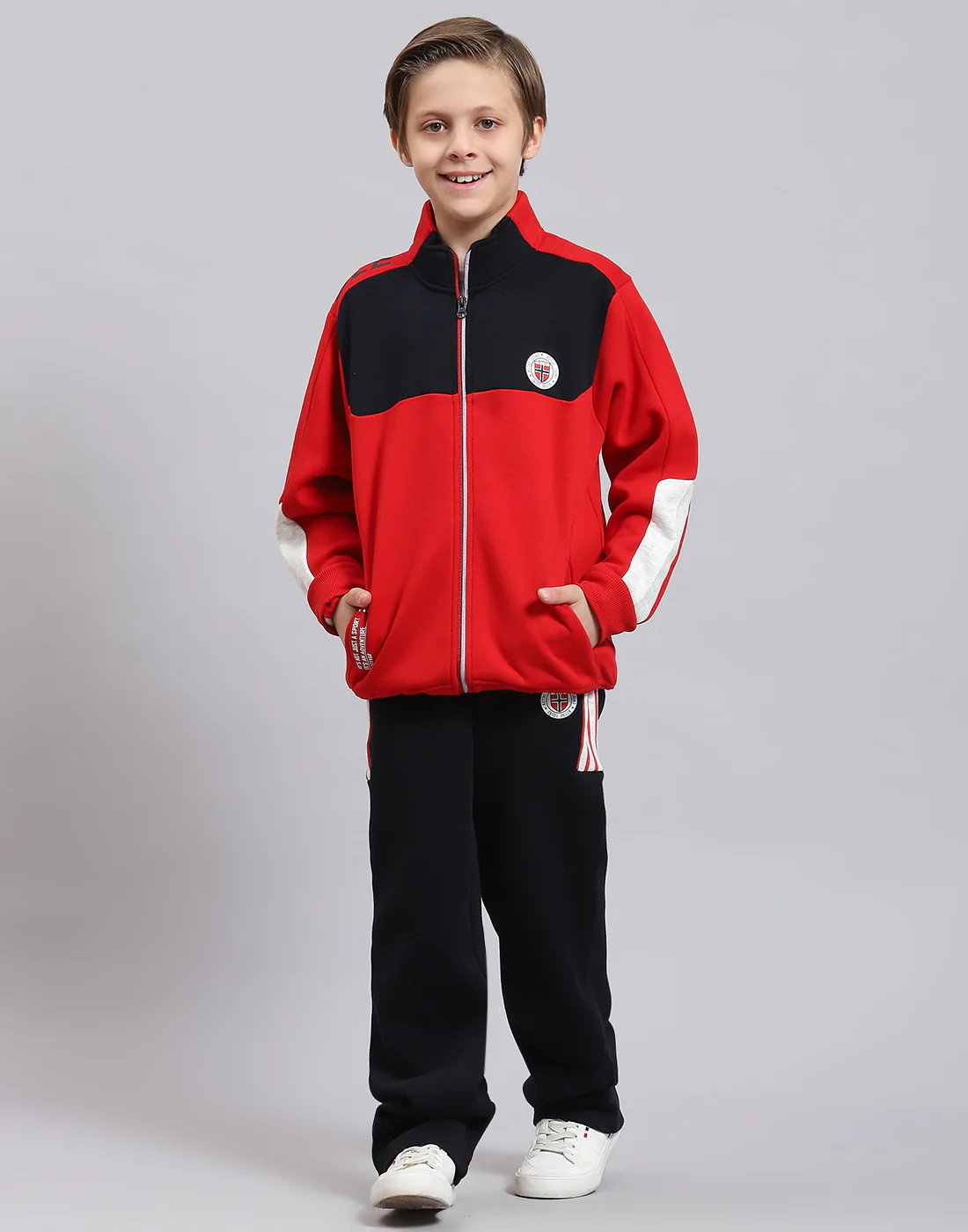 Boys Red Printed Stand Collar Full Sleeve Tracksuit - Image 2