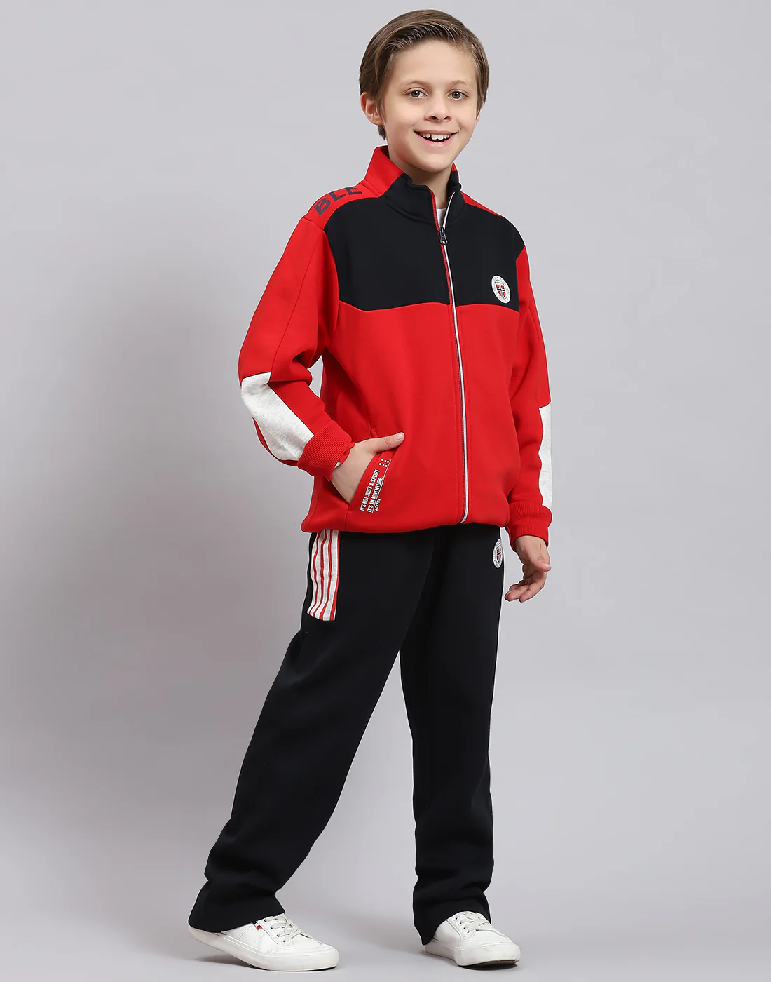 Boys Red Printed Stand Collar Full Sleeve Tracksuit - Image 4