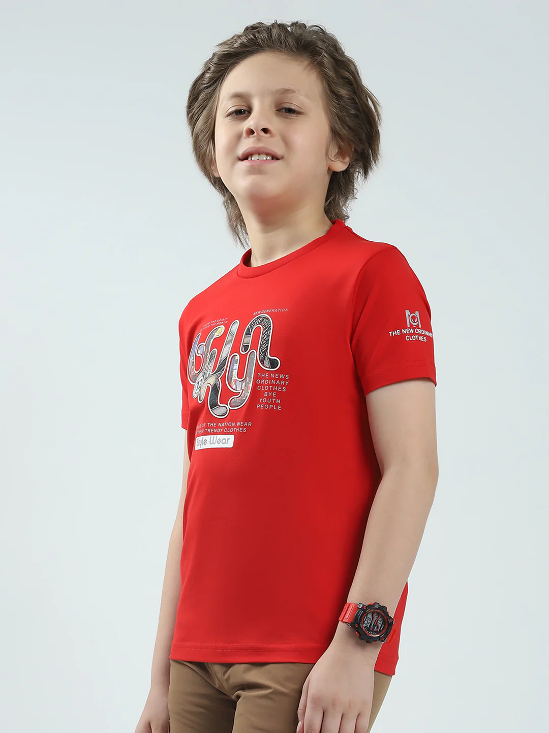 Boys Red Printed Round Neck Half Sleeve T-Shirt - Image 3