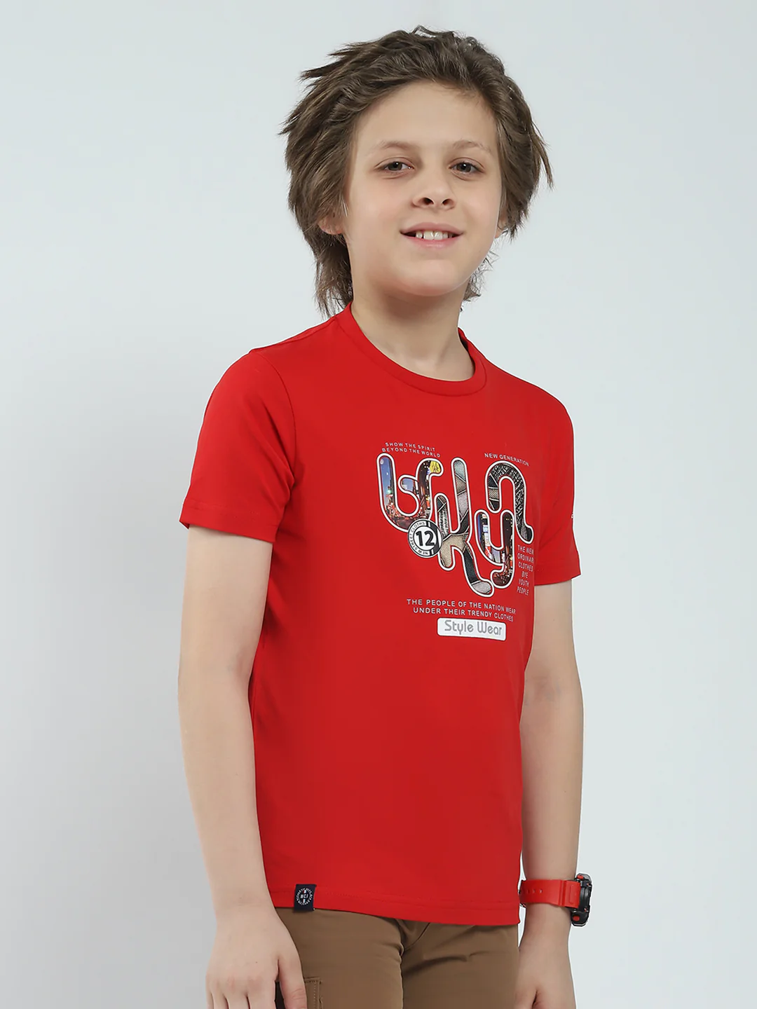 Boys Red Printed Round Neck Half Sleeve T-Shirt - Image 4