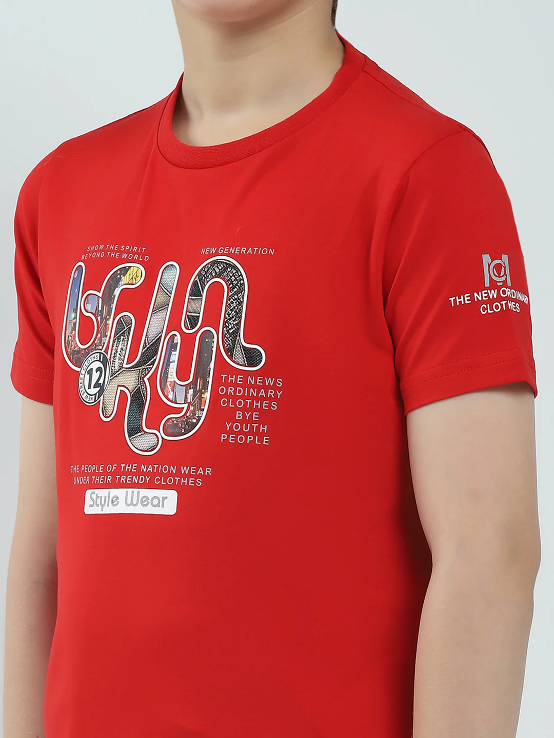 Boys Red Printed Round Neck Half Sleeve T-Shirt - Image 6