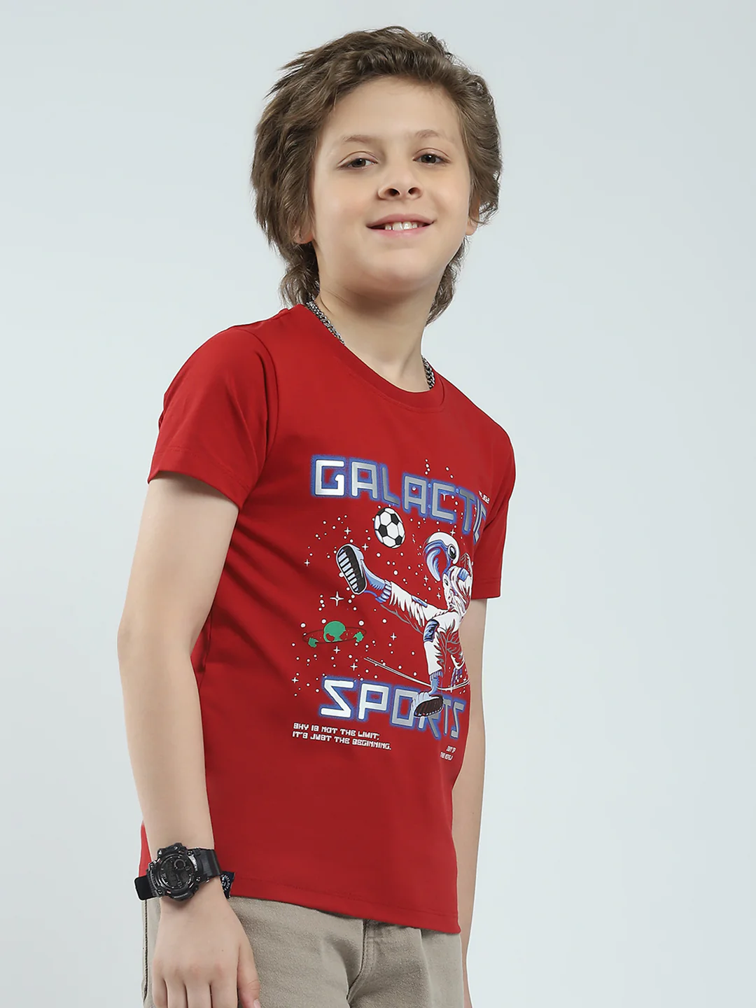 Boys Red Printed Round Neck Half Sleeve T-Shirt - Image 4