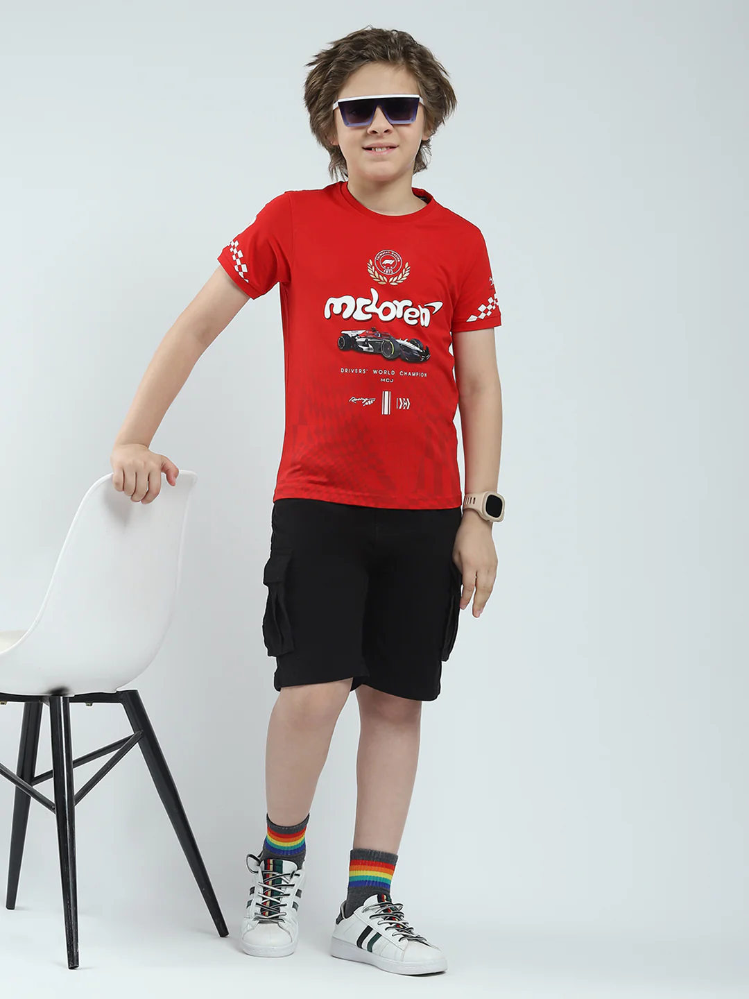 Boys Red Printed Round Neck Half Sleeve T-Shirt - Image 2
