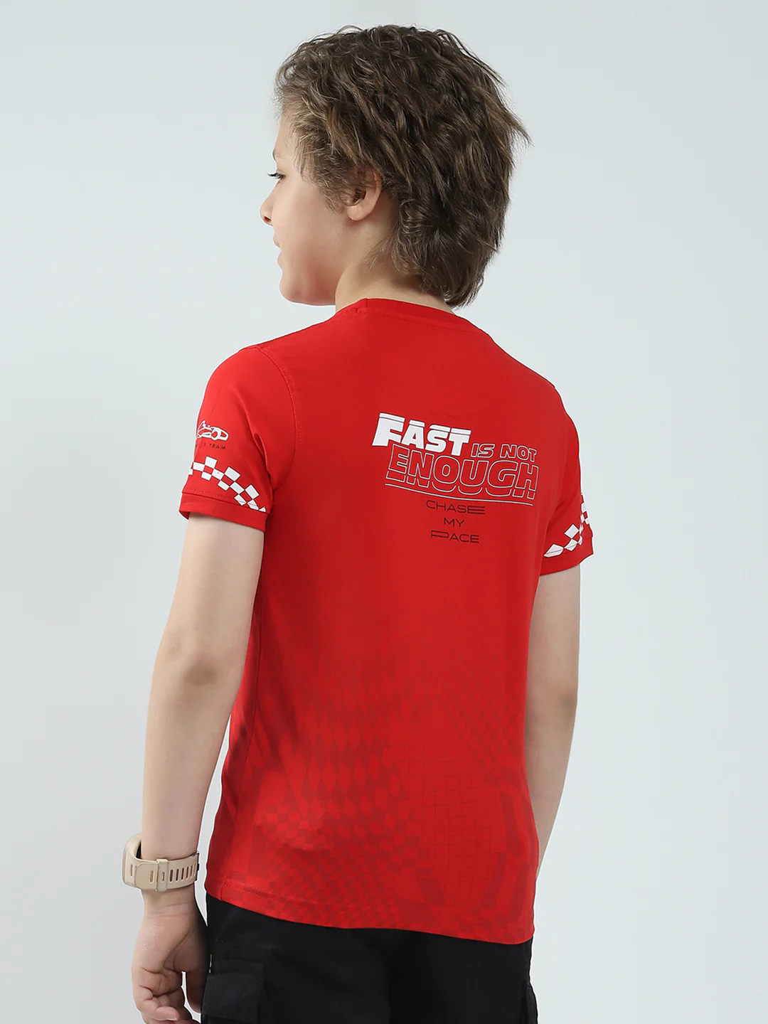 Boys Red Printed Round Neck Half Sleeve T-Shirt - Image 5