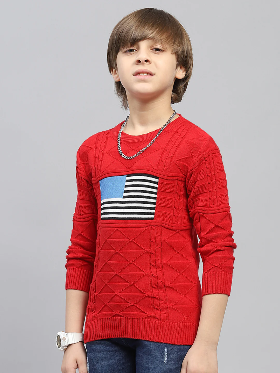 Boys Red Self Design Round Neck Full Sleeve Pullover - Image 3