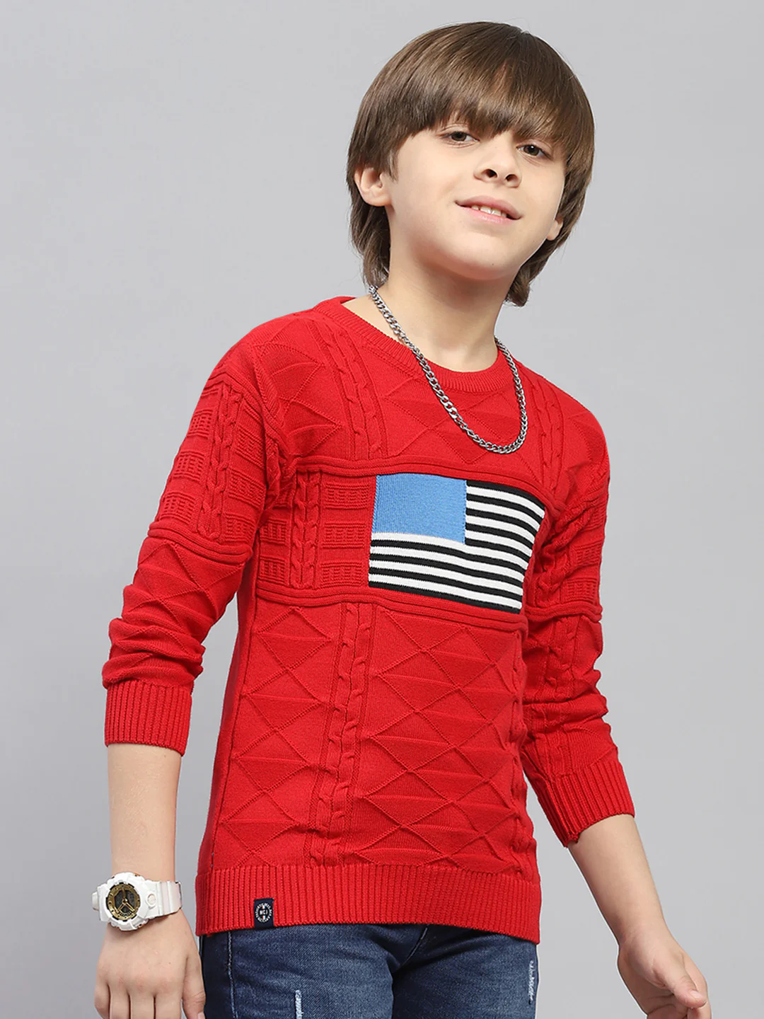 Boys Red Self Design Round Neck Full Sleeve Pullover - Image 4