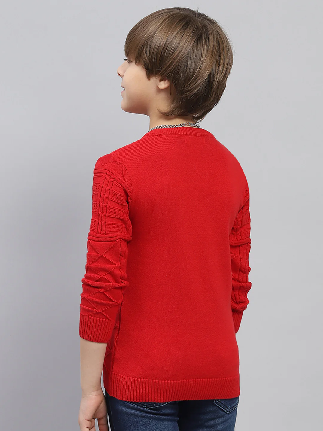 Boys Red Self Design Round Neck Full Sleeve Pullover - Image 5