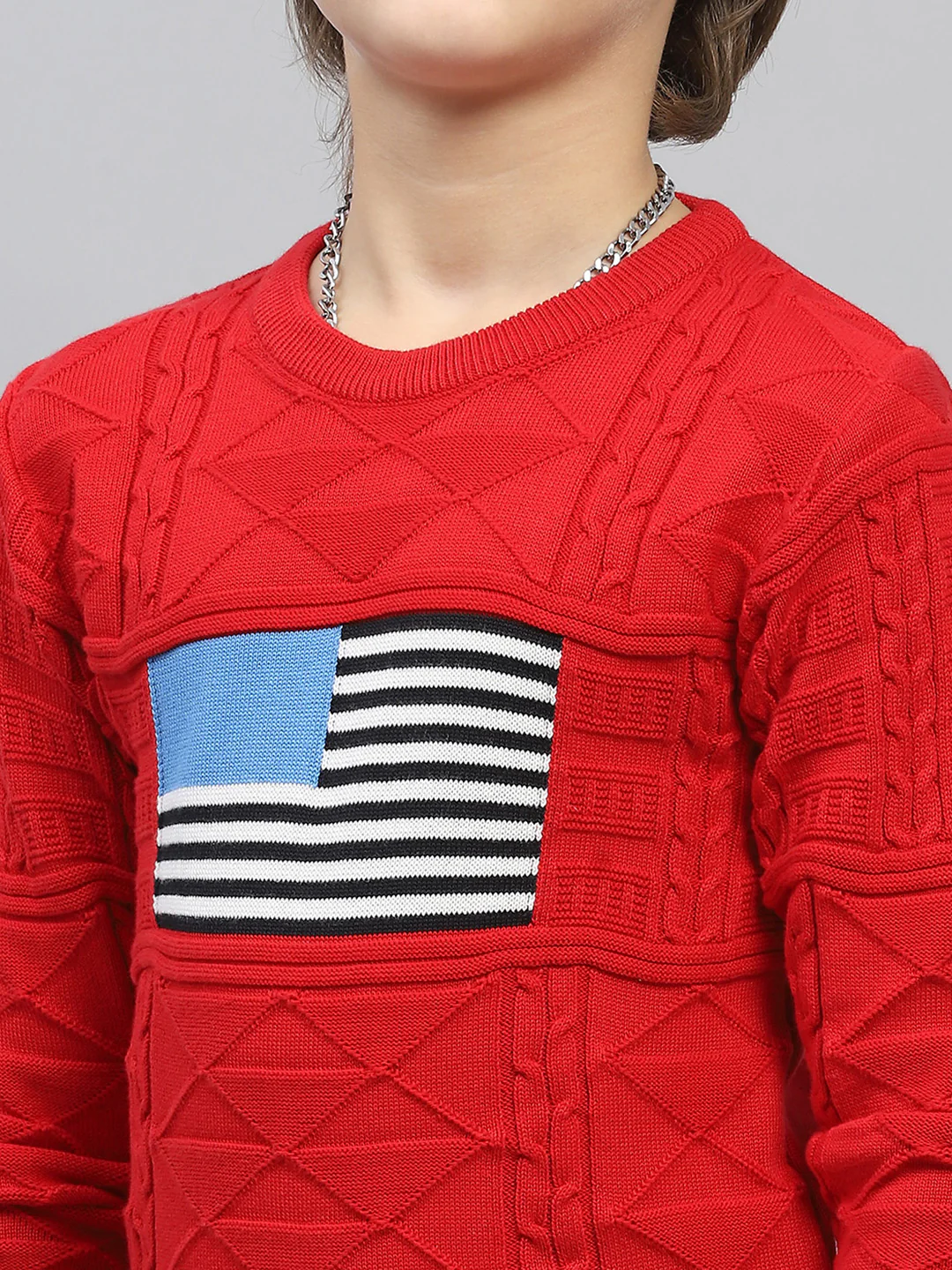 Boys Red Self Design Round Neck Full Sleeve Pullover - Image 7
