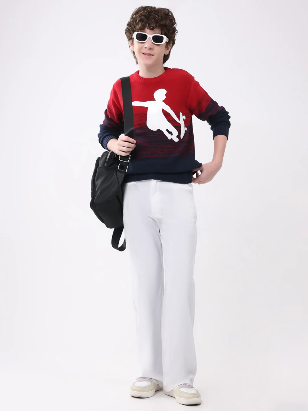 Boys Red Self Design Round Neck Full Sleeve Pullover - Image 2