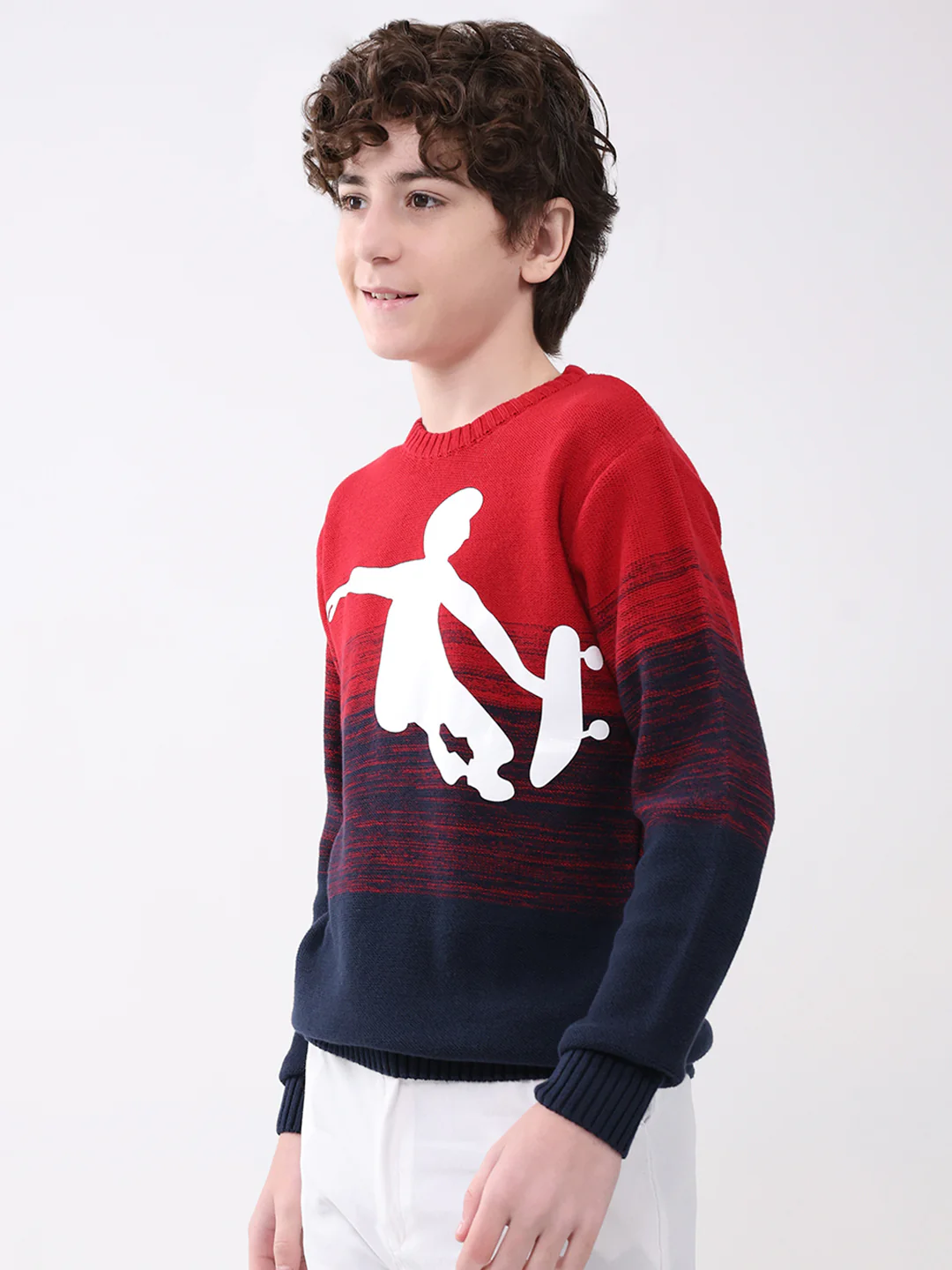 Boys Red Self Design Round Neck Full Sleeve Pullover - Image 3