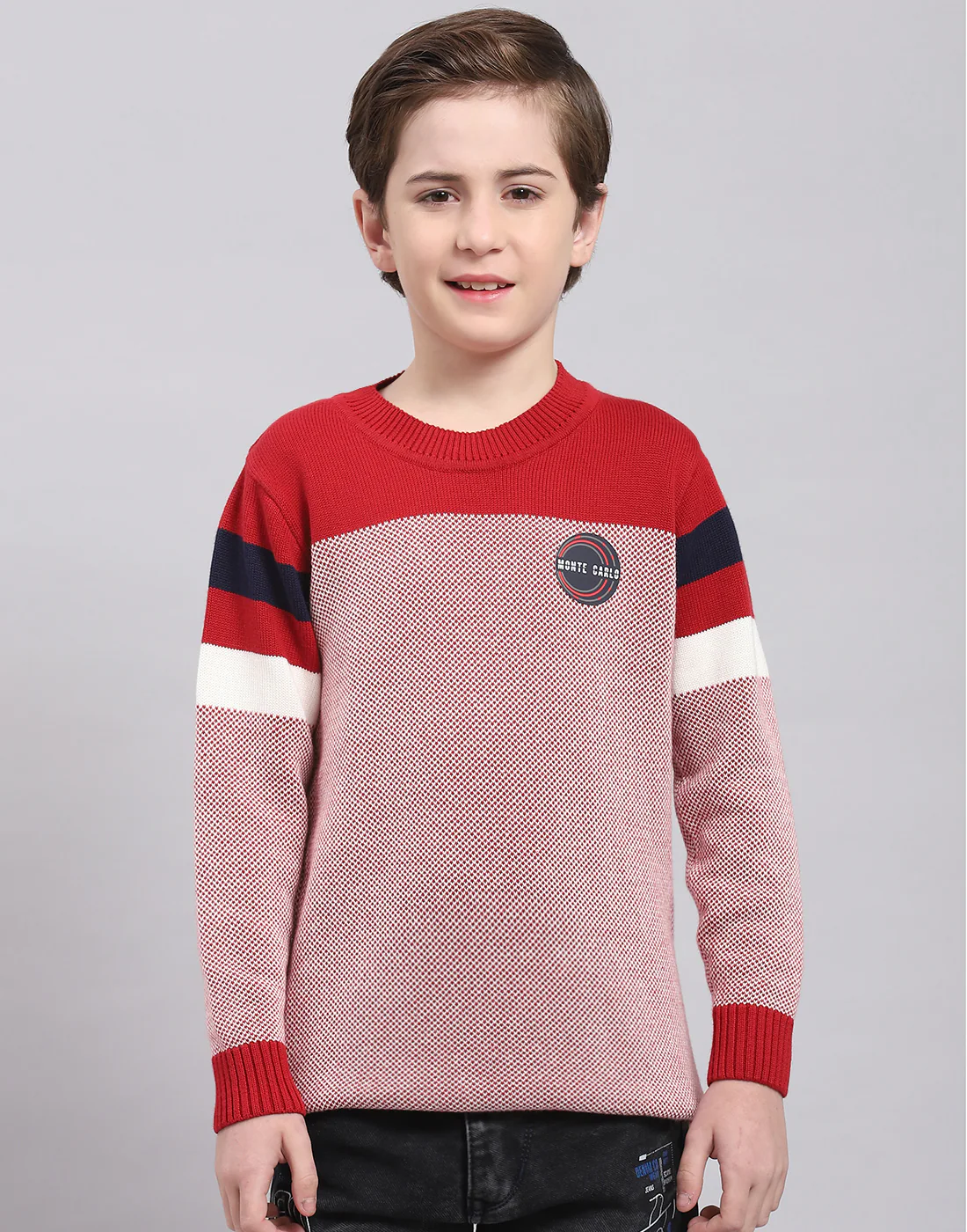 Boys Red Self Design Round Neck Full Sleeve Sweater - Image 2