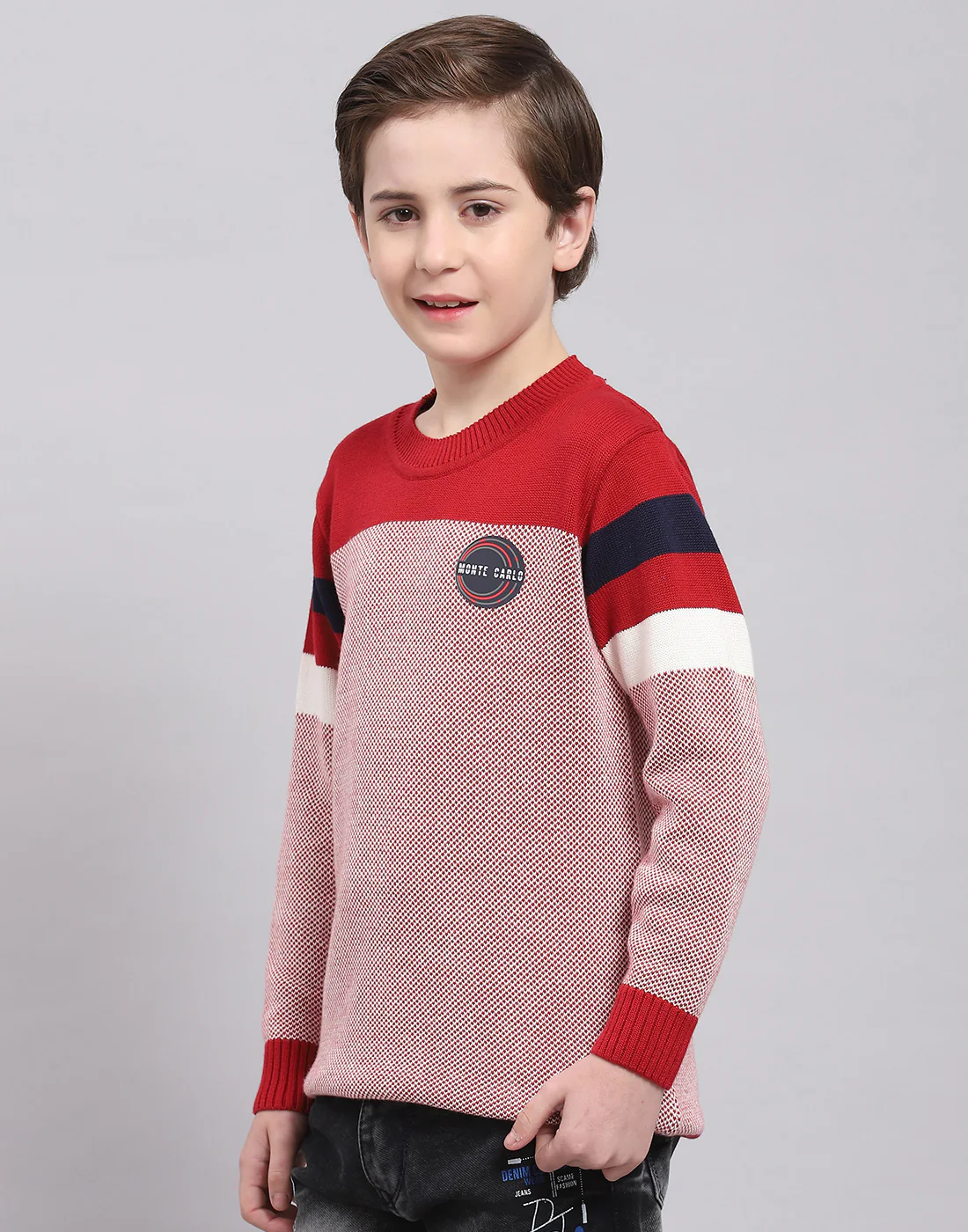 Boys Red Self Design Round Neck Full Sleeve Sweater - Image 3