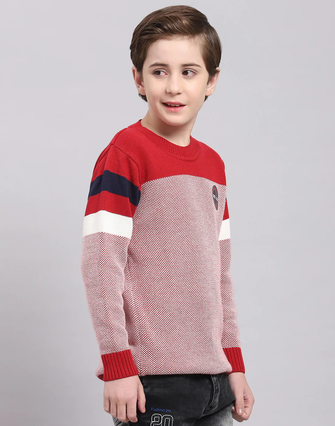 Boys Red Self Design Round Neck Full Sleeve Sweater - Image 4