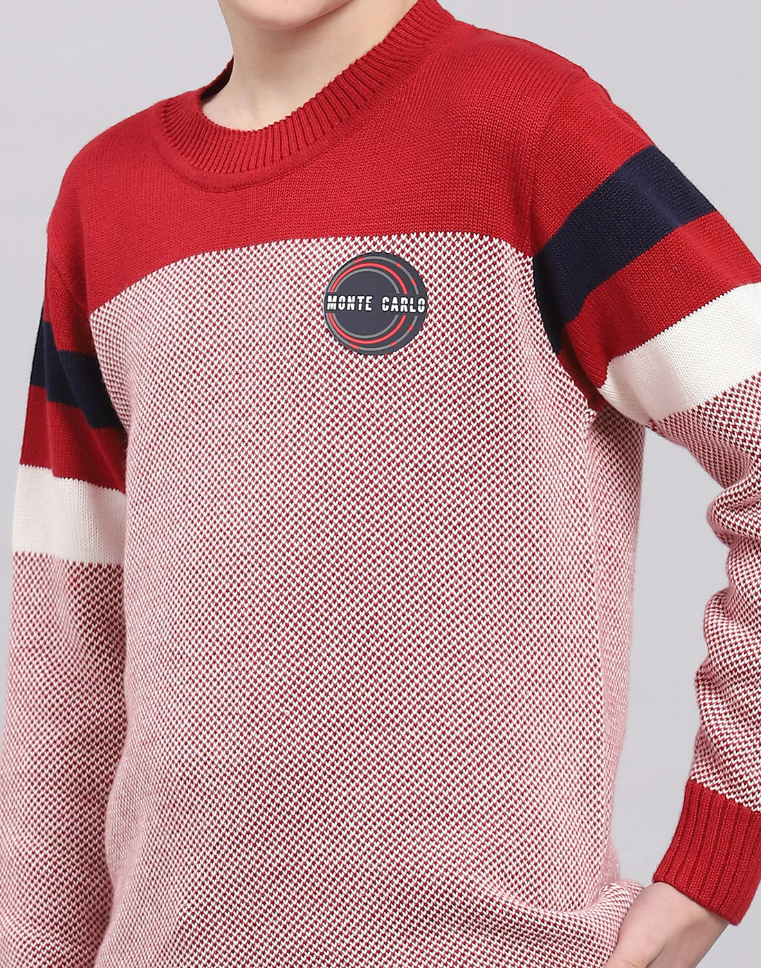 Boys Red Self Design Round Neck Full Sleeve Sweater - Image 7