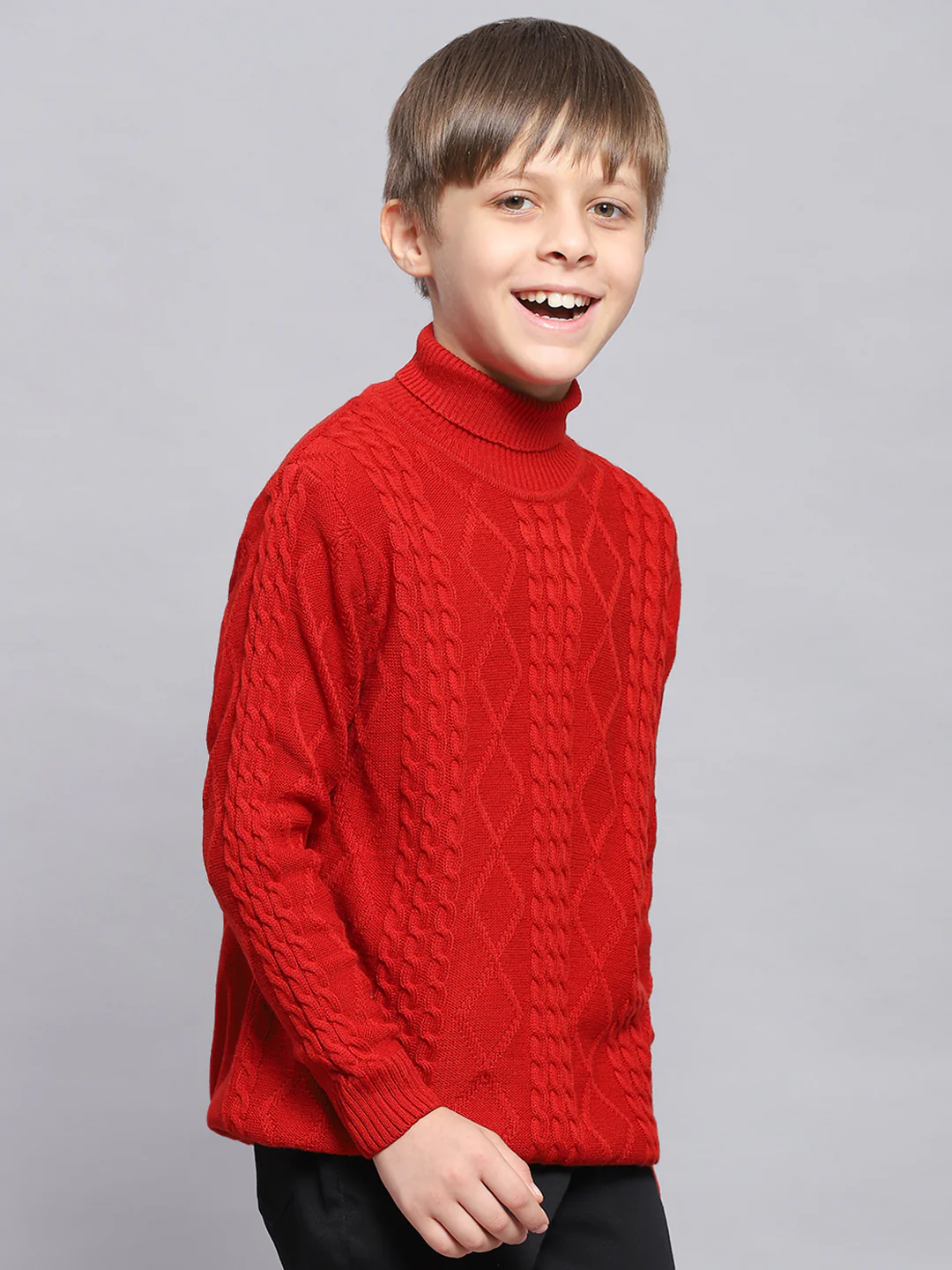 Boys Red Self Design H Neck Full Sleeve Sweater - Image 4