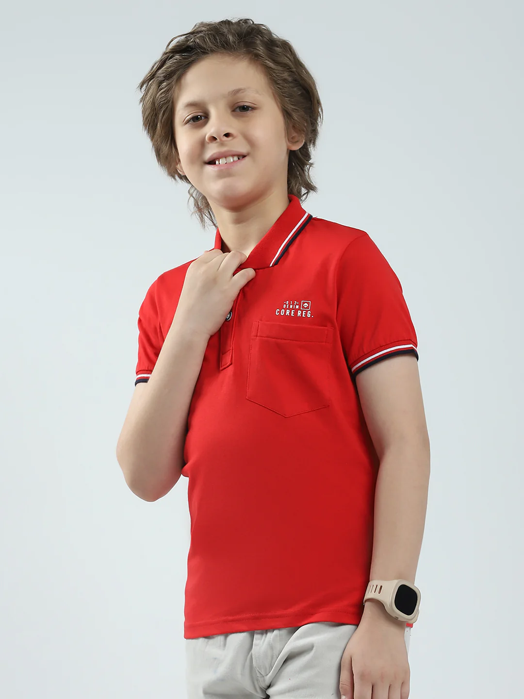 Boys Red Solid Collar Half Sleeve T-Shirt - Image 3