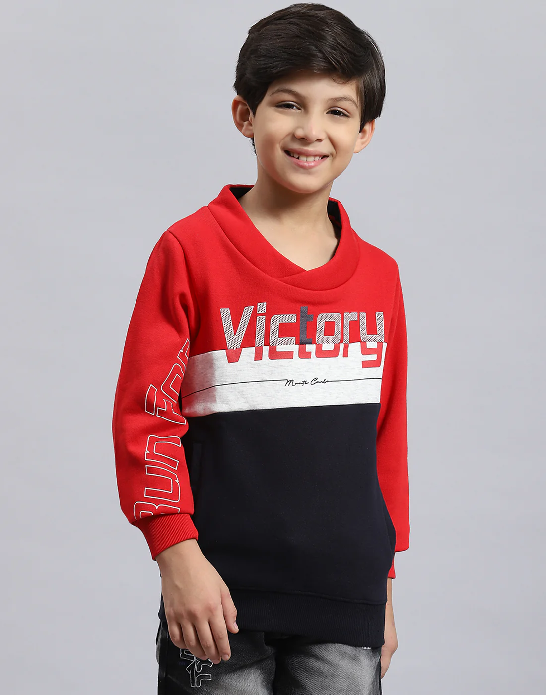 Boys Red Solid F Neck Full Sleeve Sweatshirt - Image 3