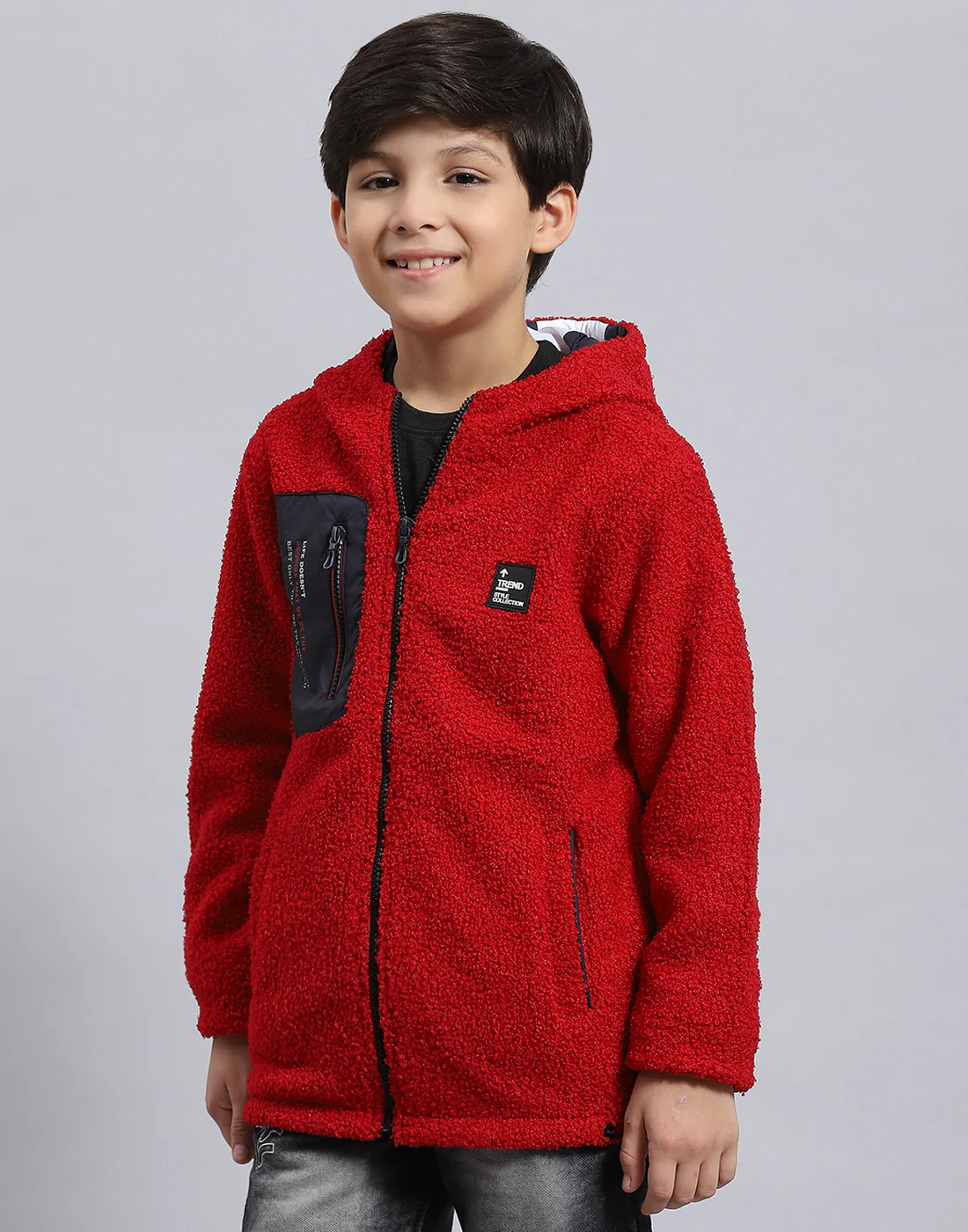 Boys Red Solid Hooded Full Sleeve Boys Jacket - Image 3