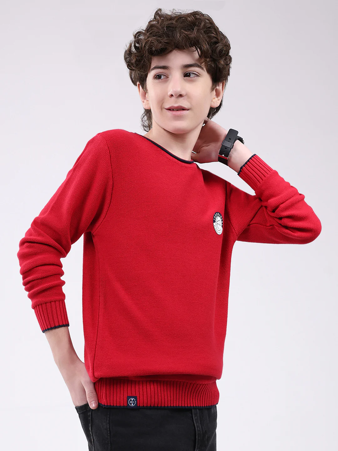 Boys Red Solid Round Neck Full Sleeve Pullover - Image 4