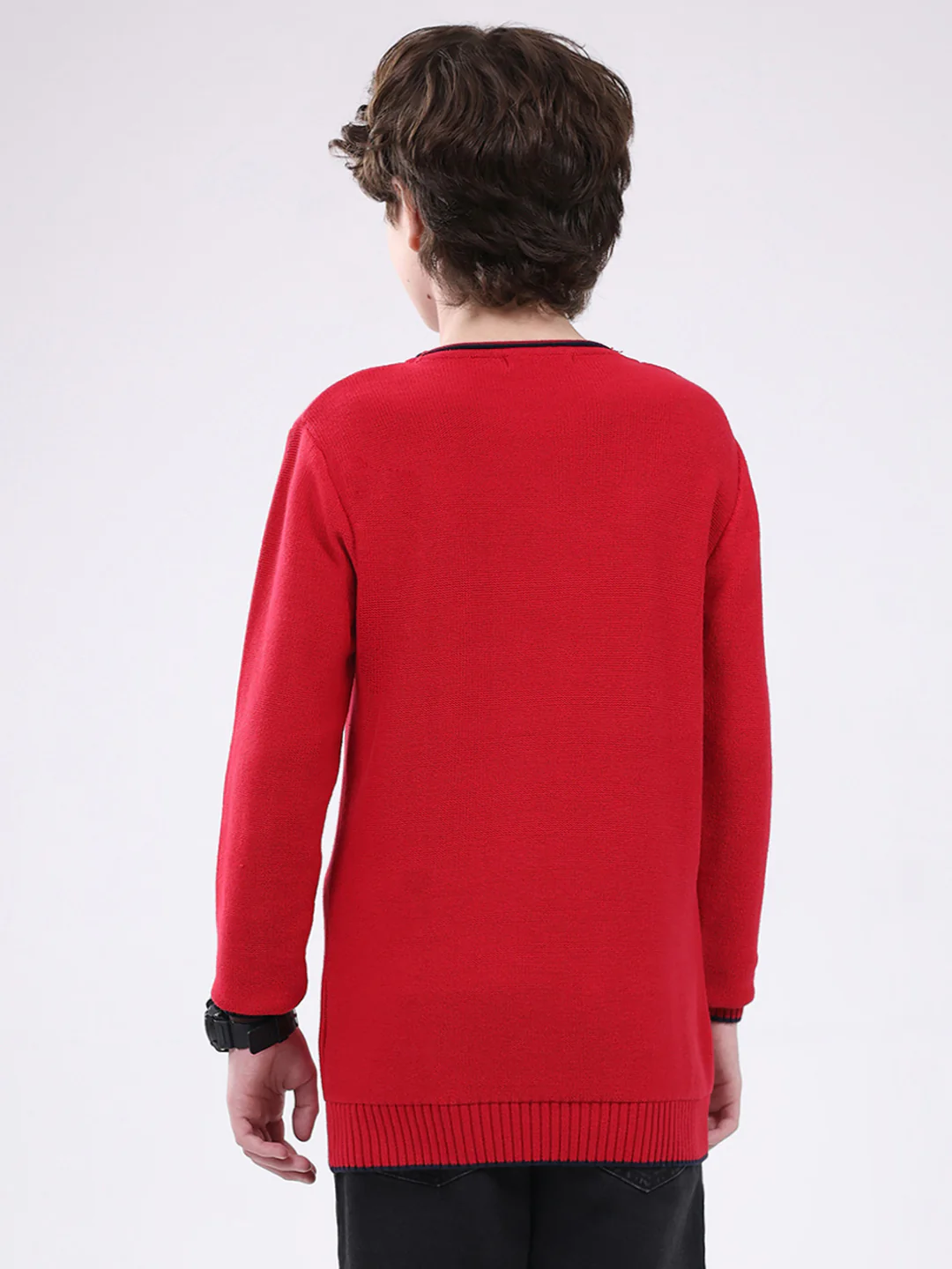 Boys Red Solid Round Neck Full Sleeve Pullover - Image 5