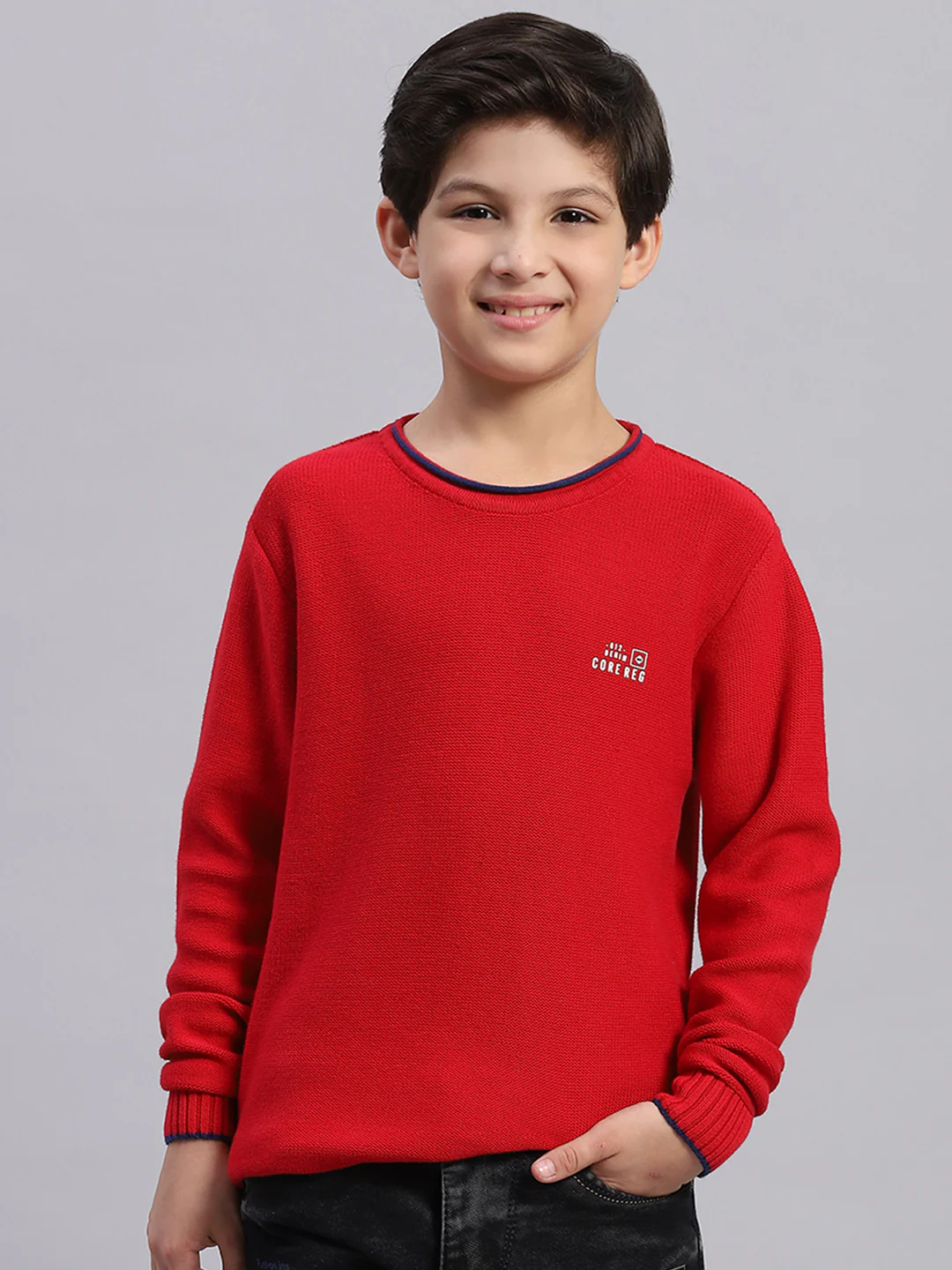 Boys Red Solid Round Neck Full Sleeve Sweater - Image 3