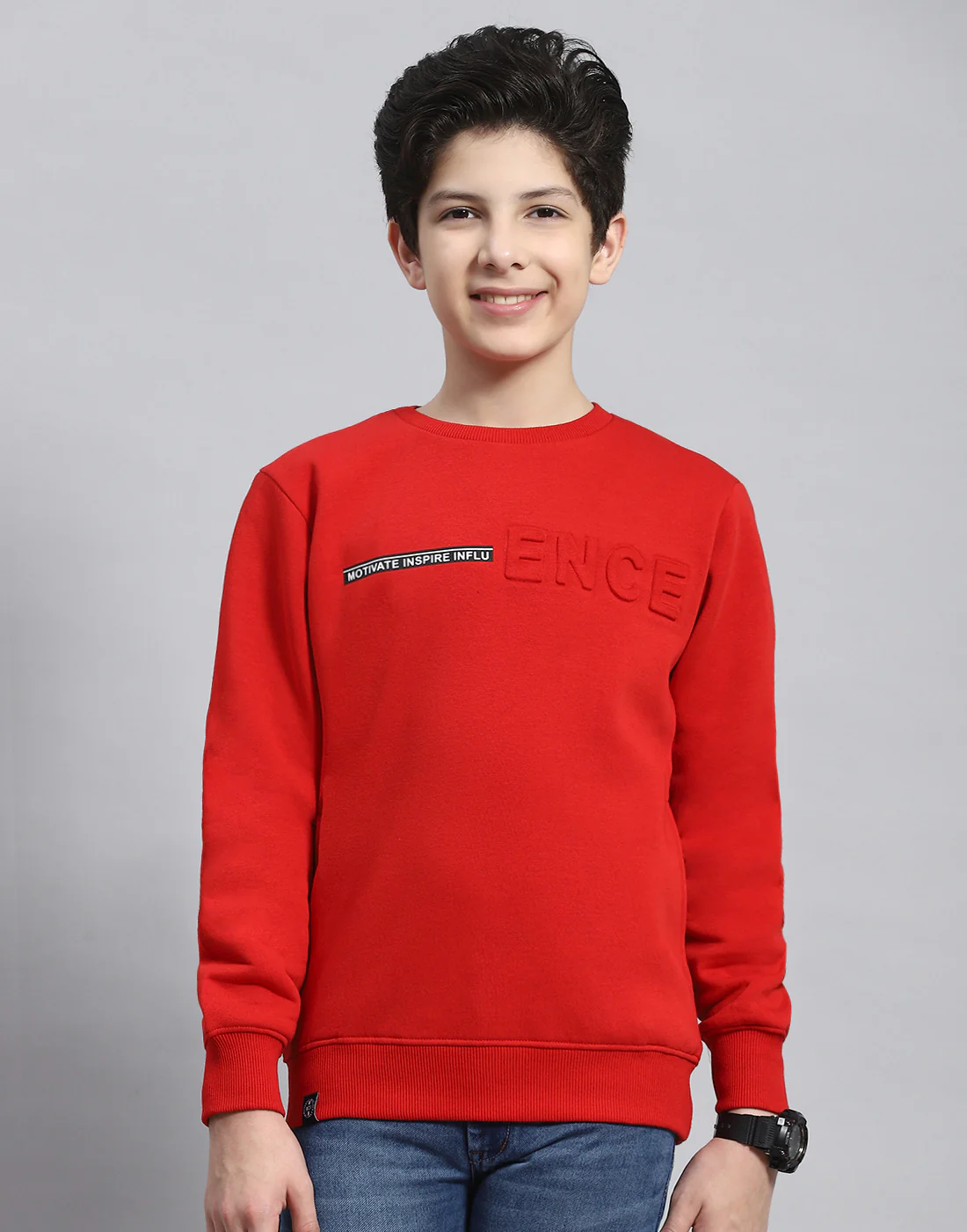 Boys Red Solid Round Neck Full Sleeve Sweatshirt - Image 2