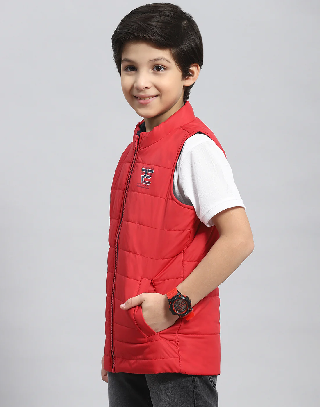 Boys Red Solid Stand Collar Sleeveless Boys Jacket - Image 3
