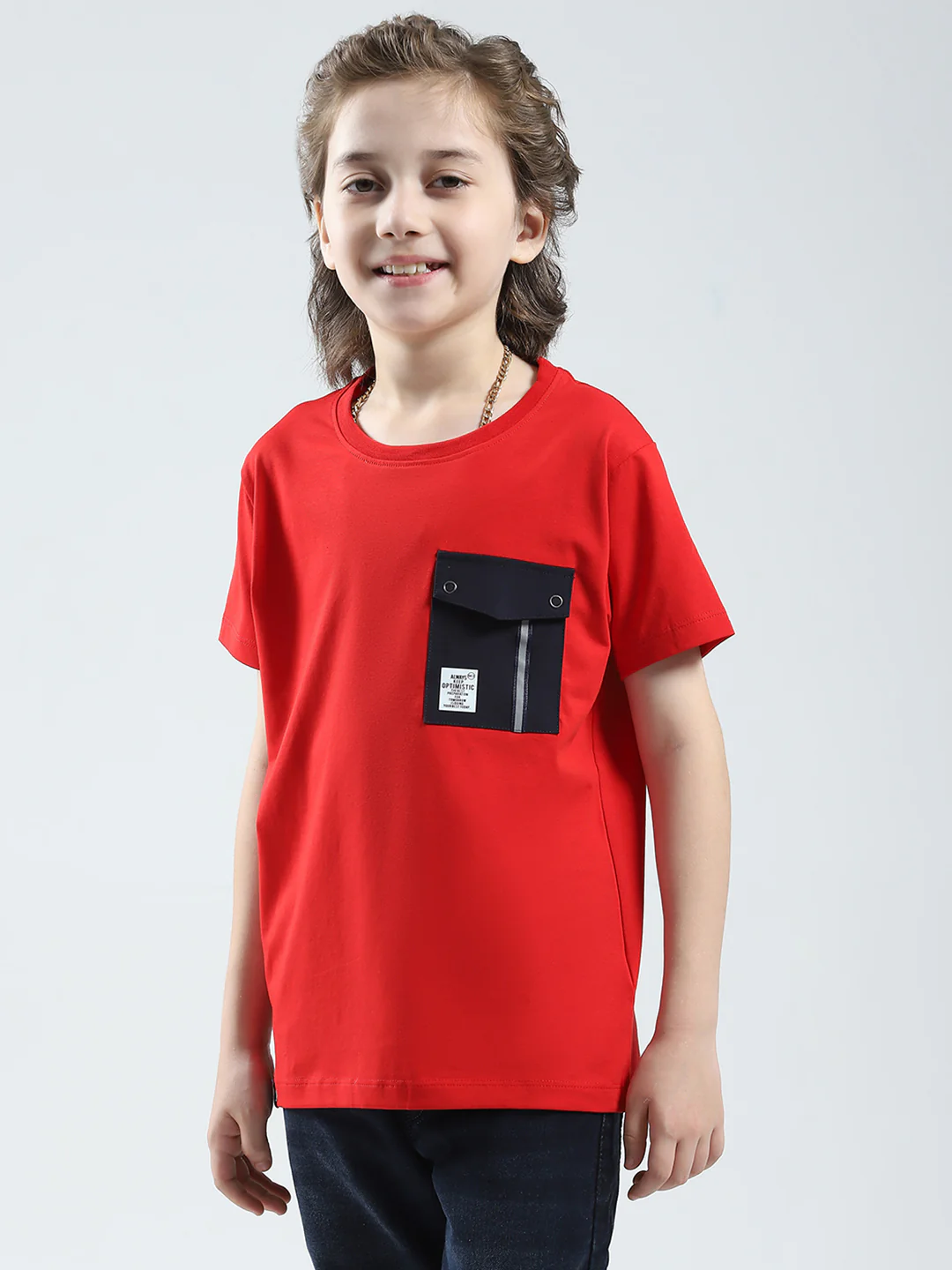 Boys Red Solid Round Neck Half Sleeve T-Shirt - Image 3