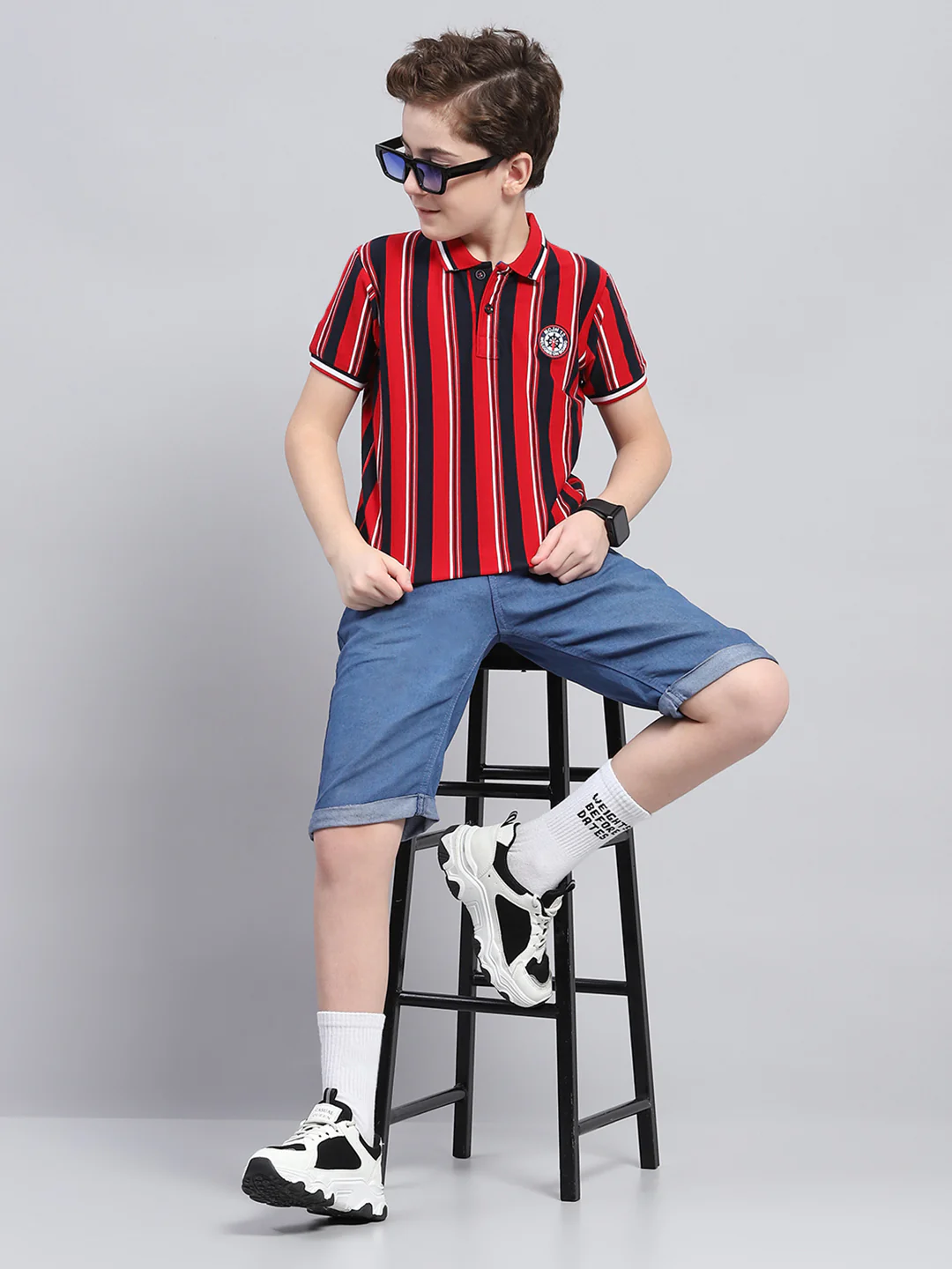 Boys Red Stripe Collar Half Sleeve T-Shirt - Image 2