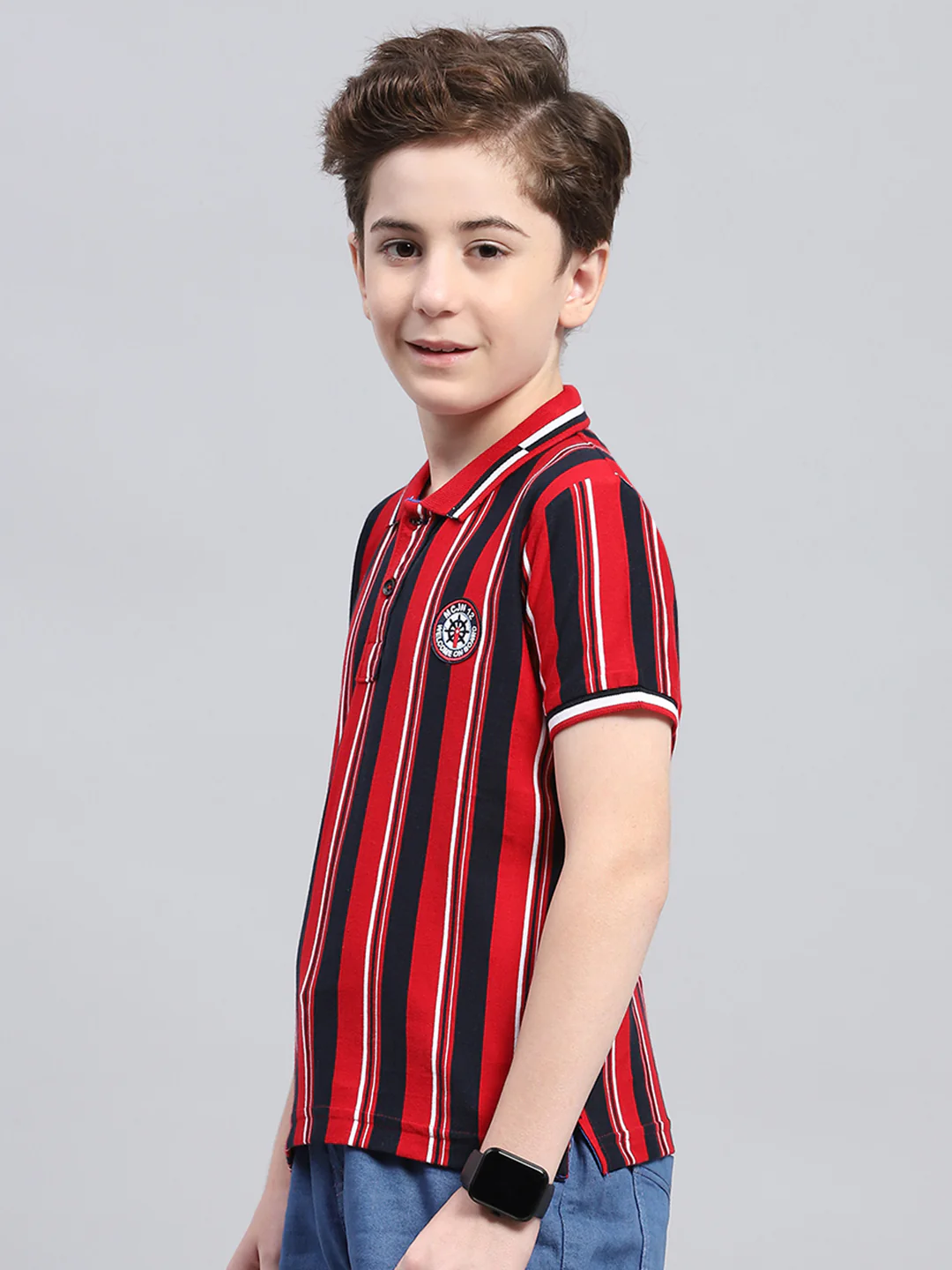 Boys Red Stripe Collar Half Sleeve T-Shirt - Image 3