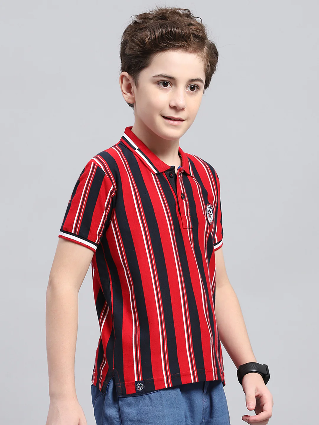 Boys Red Stripe Collar Half Sleeve T-Shirt - Image 4