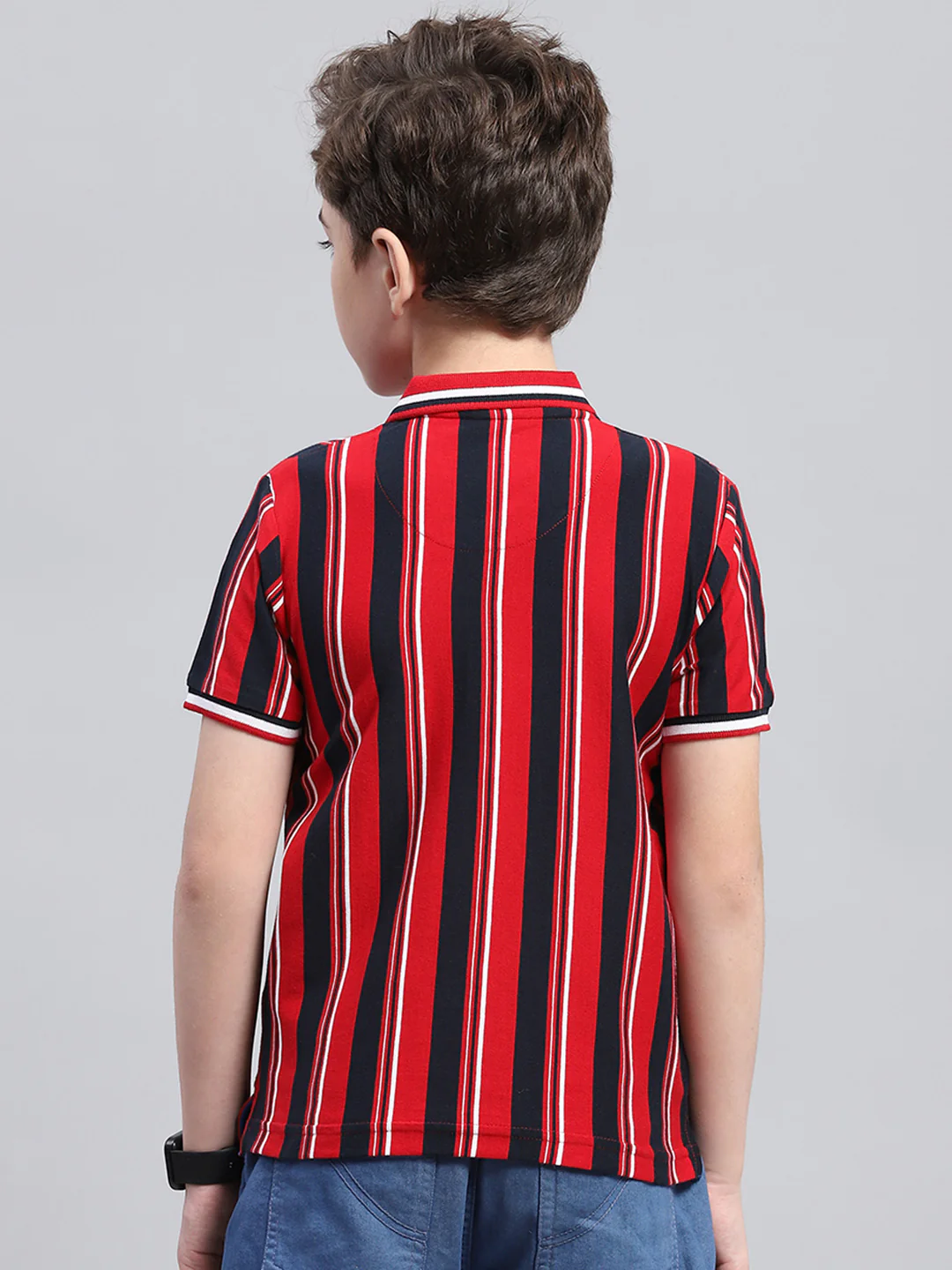 Boys Red Stripe Collar Half Sleeve T-Shirt - Image 5