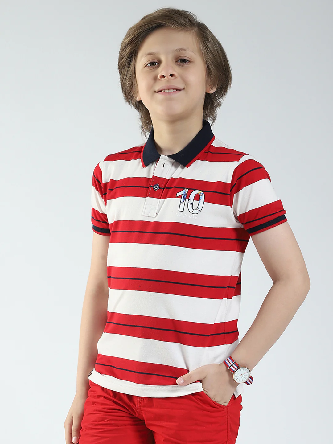Boys Red Stripe Collar Half Sleeve T-Shirt - Image 3