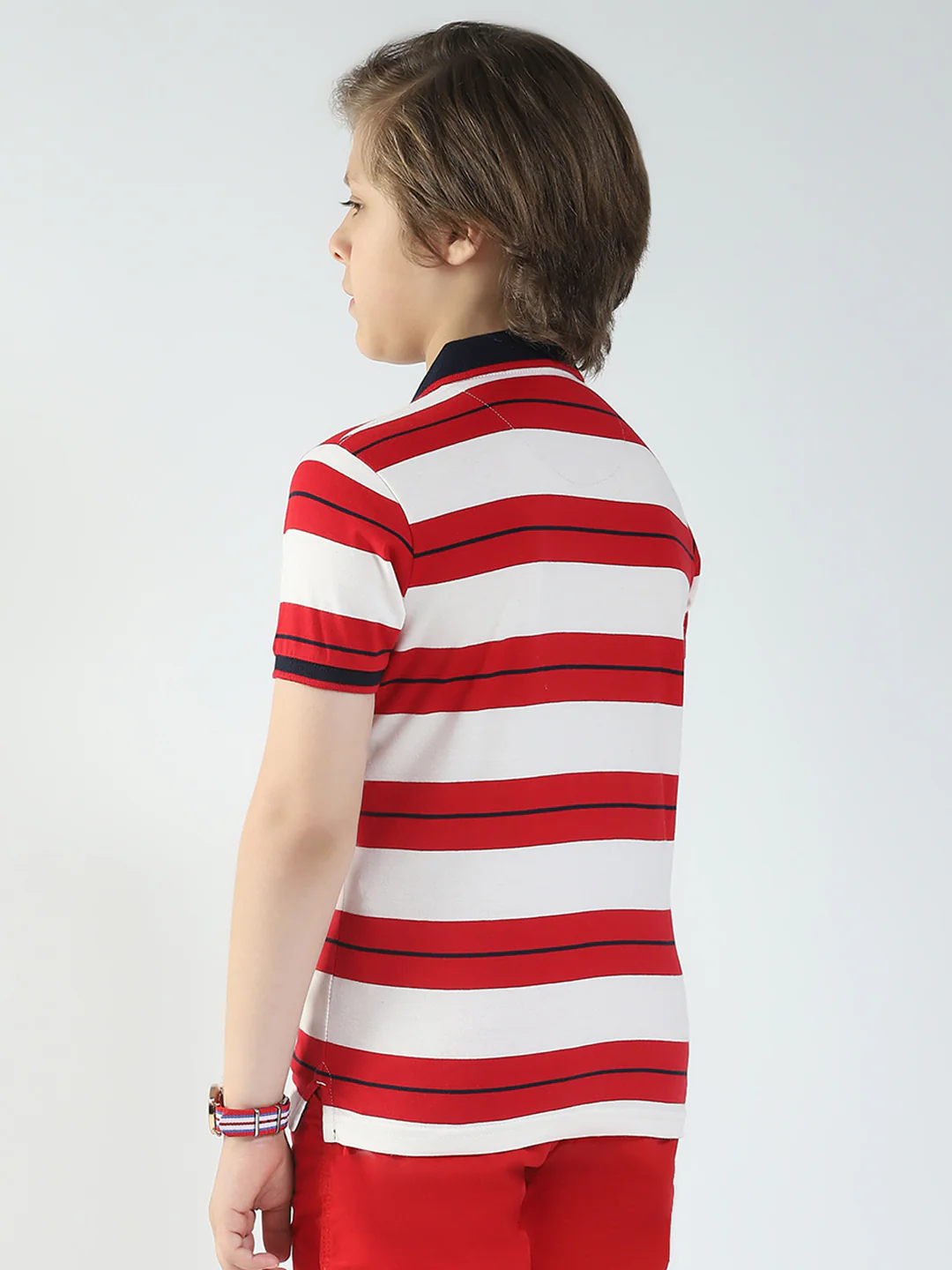 Boys Red Stripe Collar Half Sleeve T-Shirt - Image 5