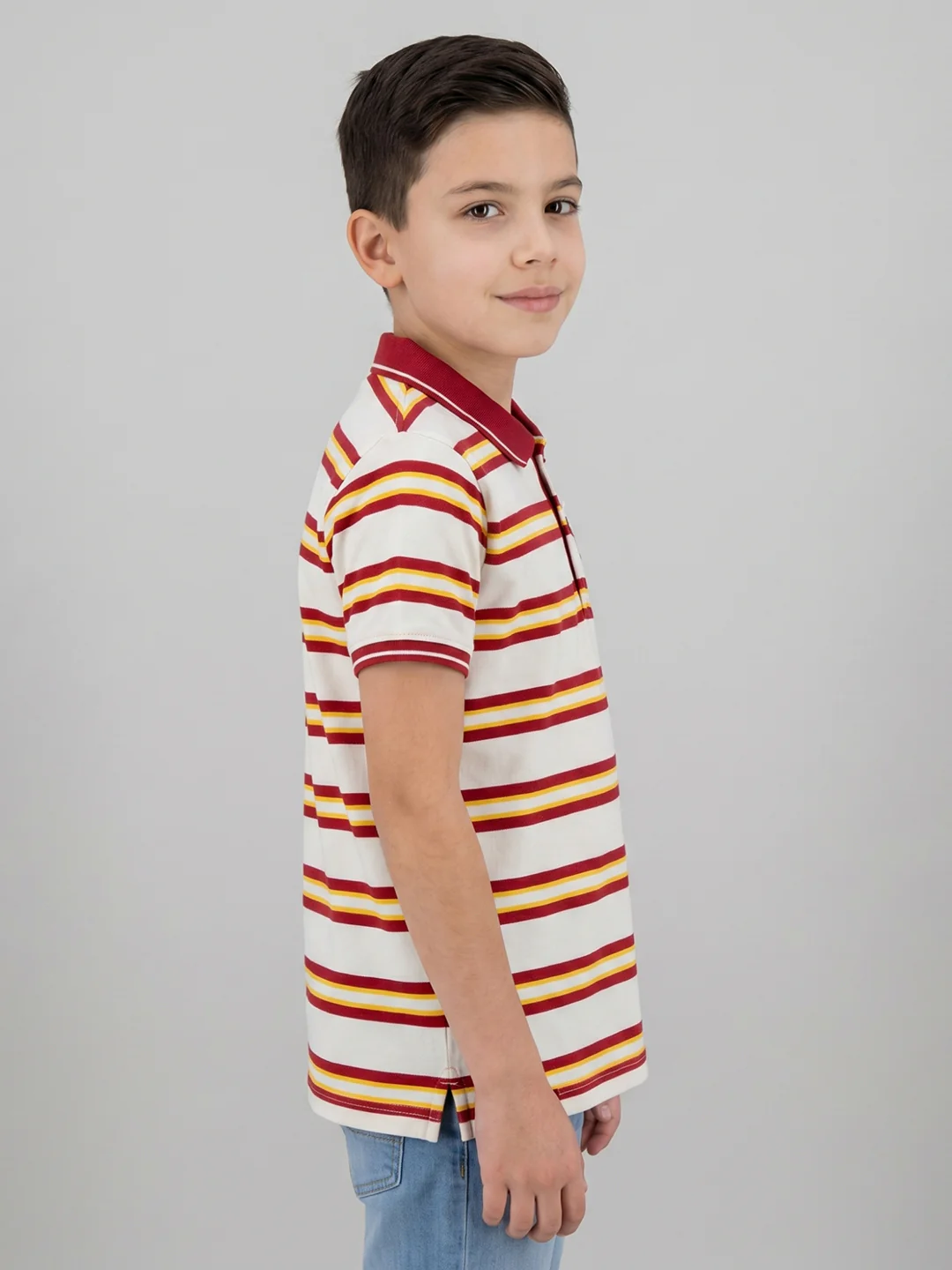 Boys Red Stripe Collar Half Sleeve T-Shirt - Image 2