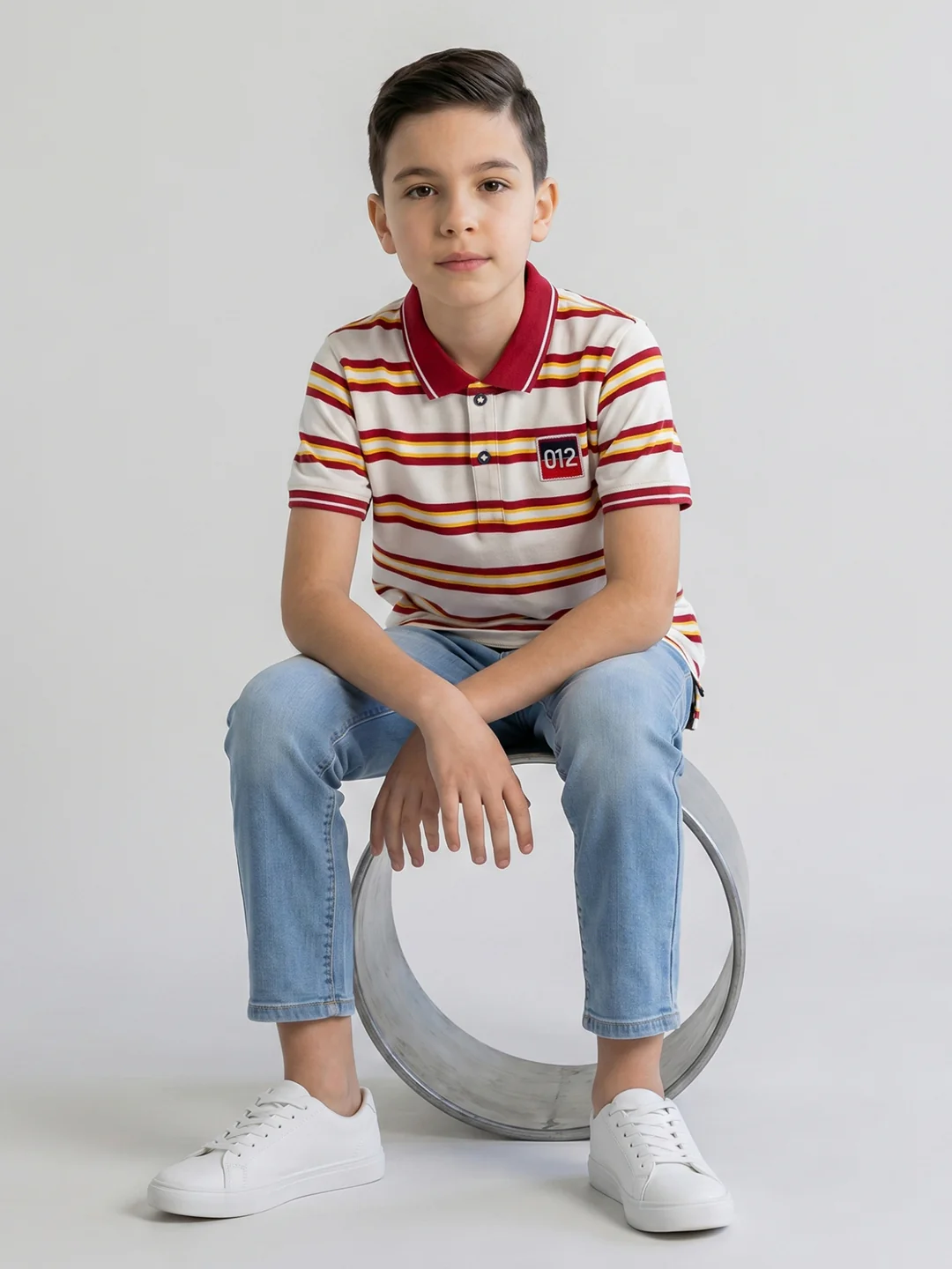 Boys Red Stripe Collar Half Sleeve T-Shirt - Image 5