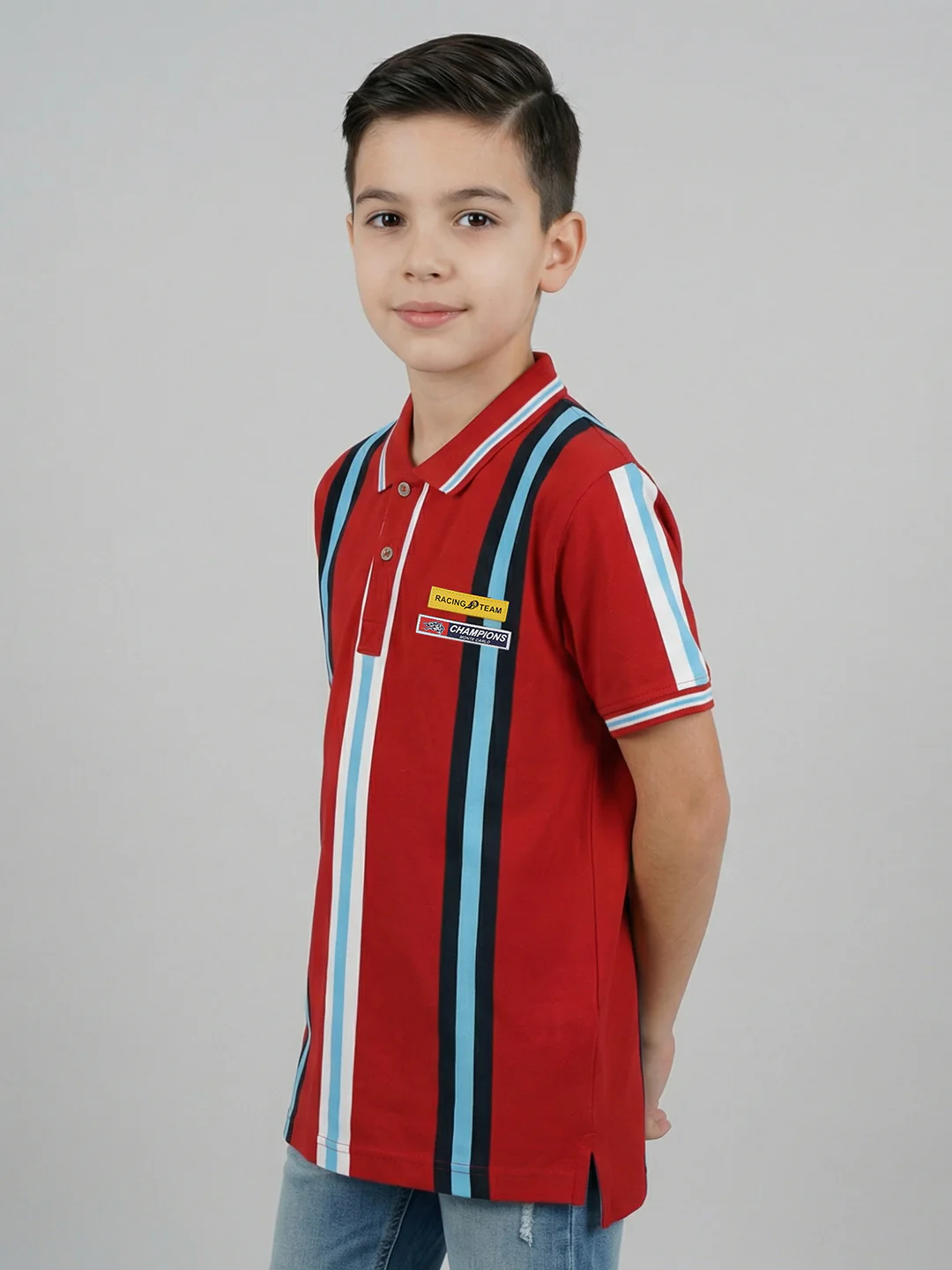Boys Red Stripe Collar Half Sleeve T-Shirt - Image 2