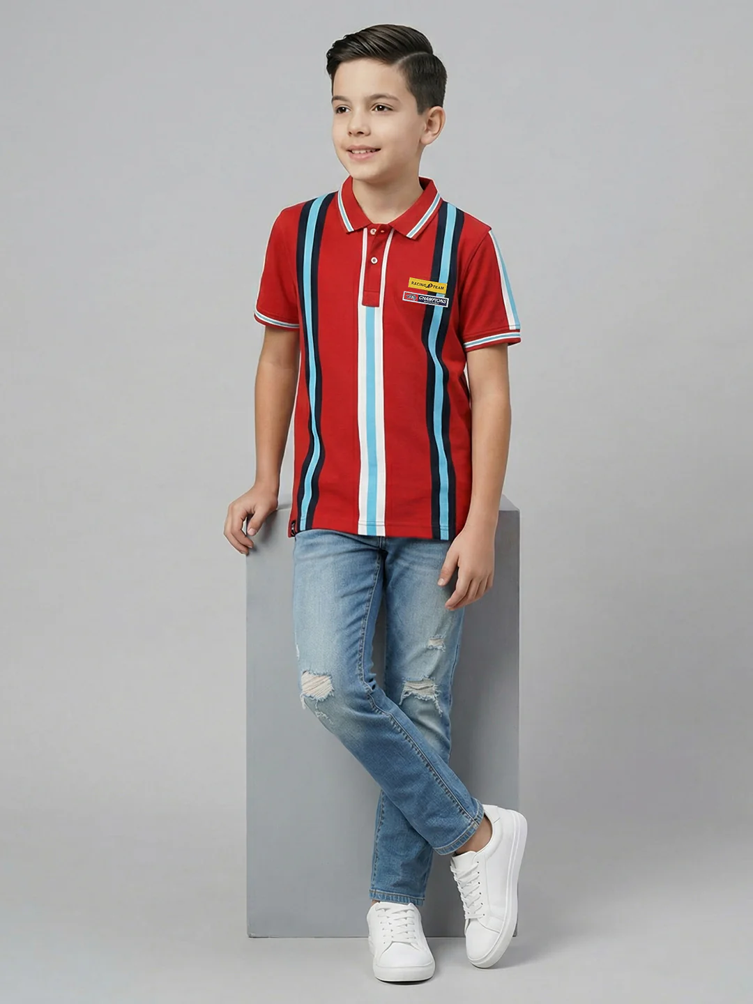 Boys Red Stripe Collar Half Sleeve T-Shirt - Image 5