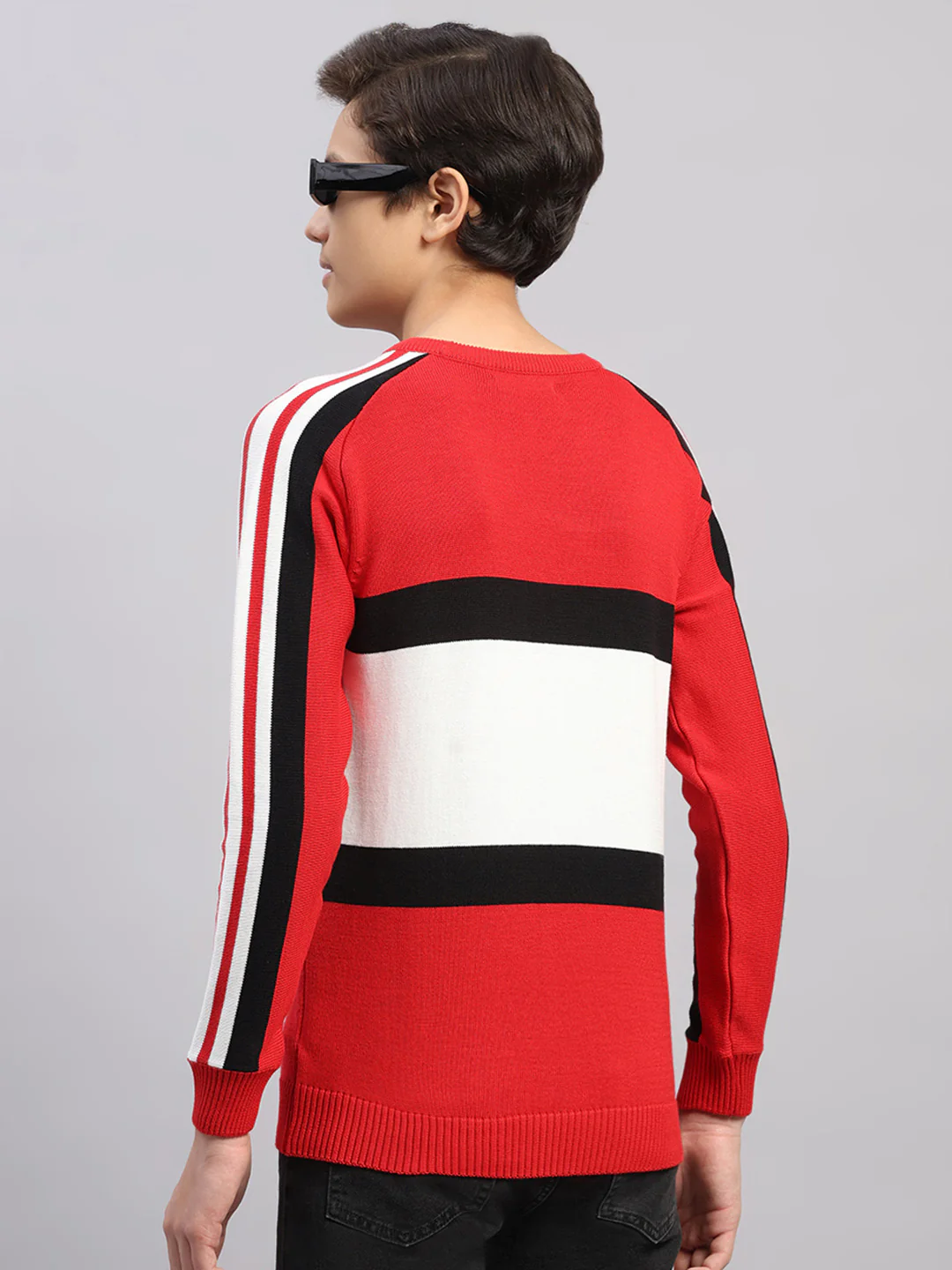 Boys Red Stripe Round Neck Full Sleeve Pullover - Image 5