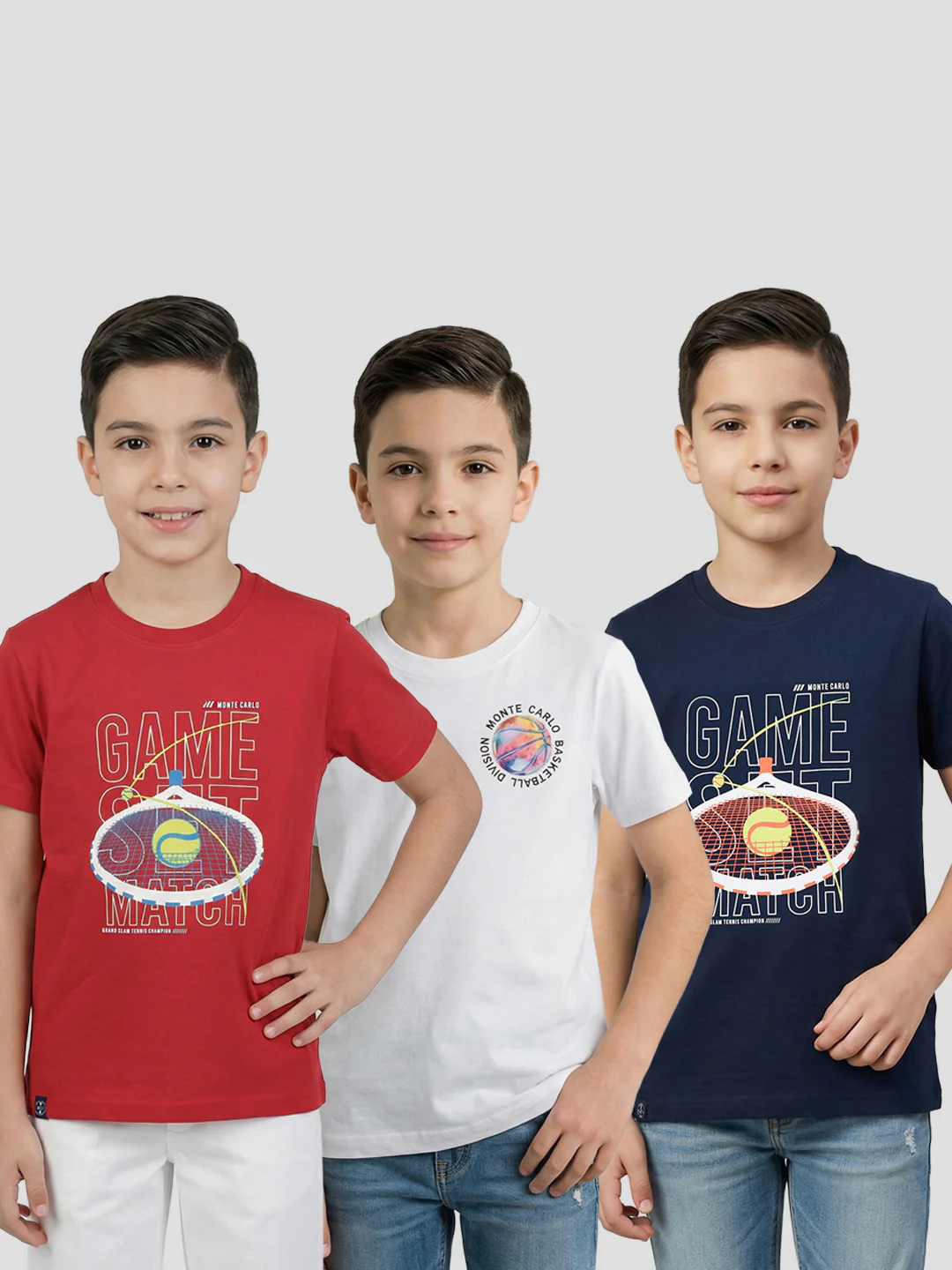 Boys Red, White & Navy Blue Printed Round Neck Half Sleeve T-Shirt (Pack of 3)