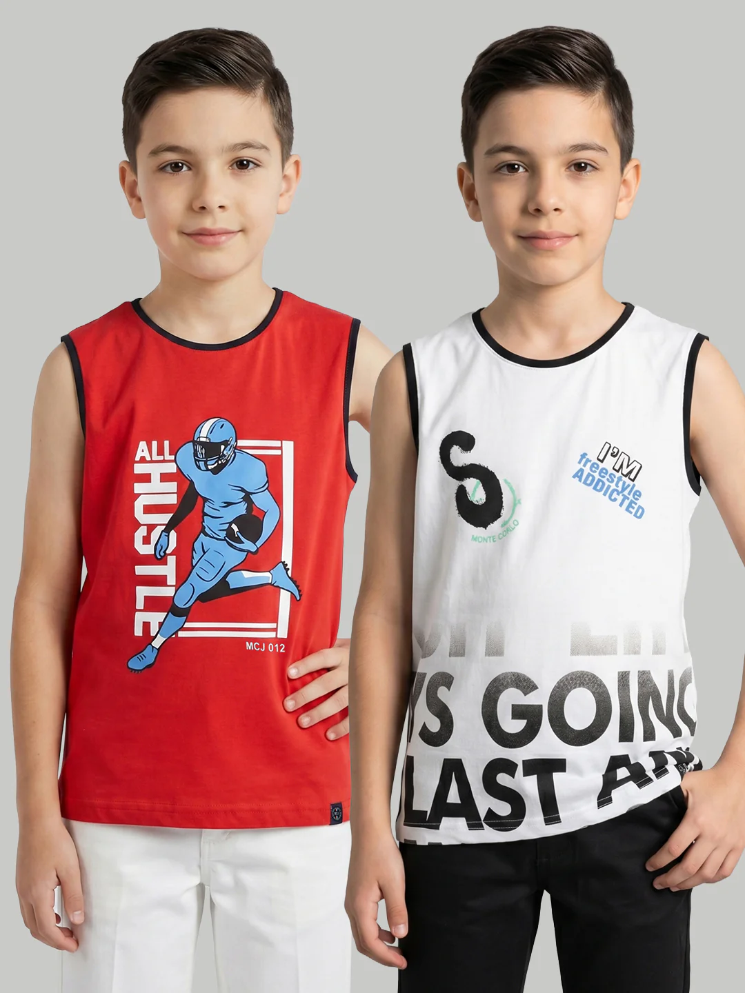 Boys Red & White Printed Round Neck Sleeveless T-Shirt (Pack of 2)