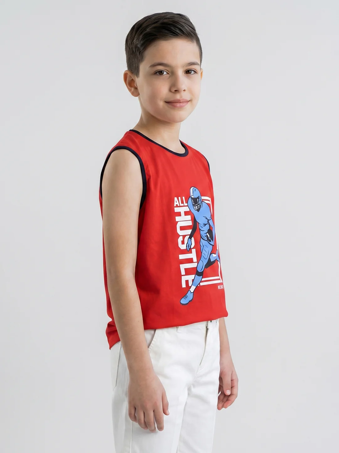 Boys Red & White Printed Round Neck Sleeveless T-Shirt (Pack of 2) - Image 3