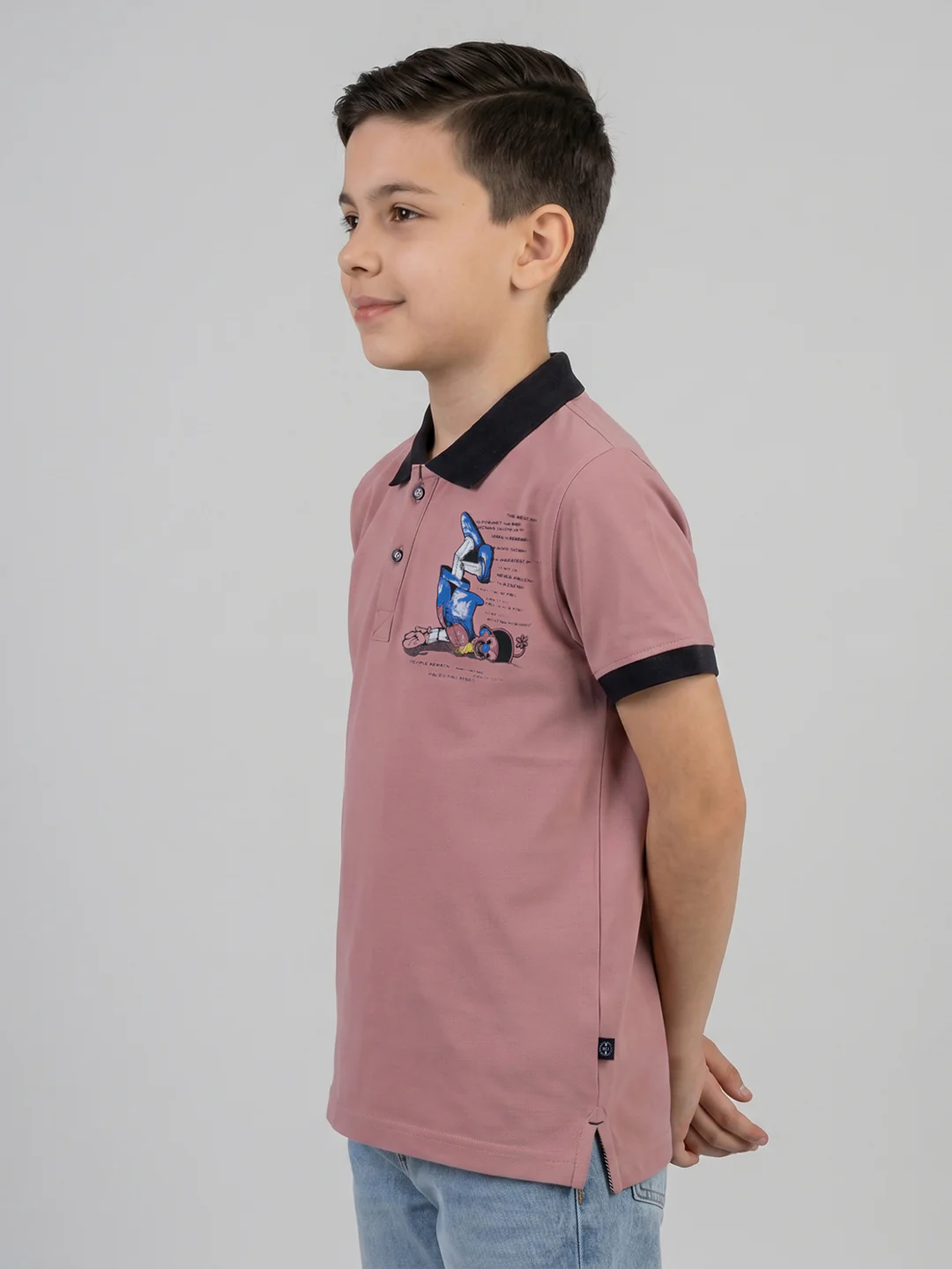 Boys Rose Red Printed Collar Half Sleeve T-Shirt - Image 3