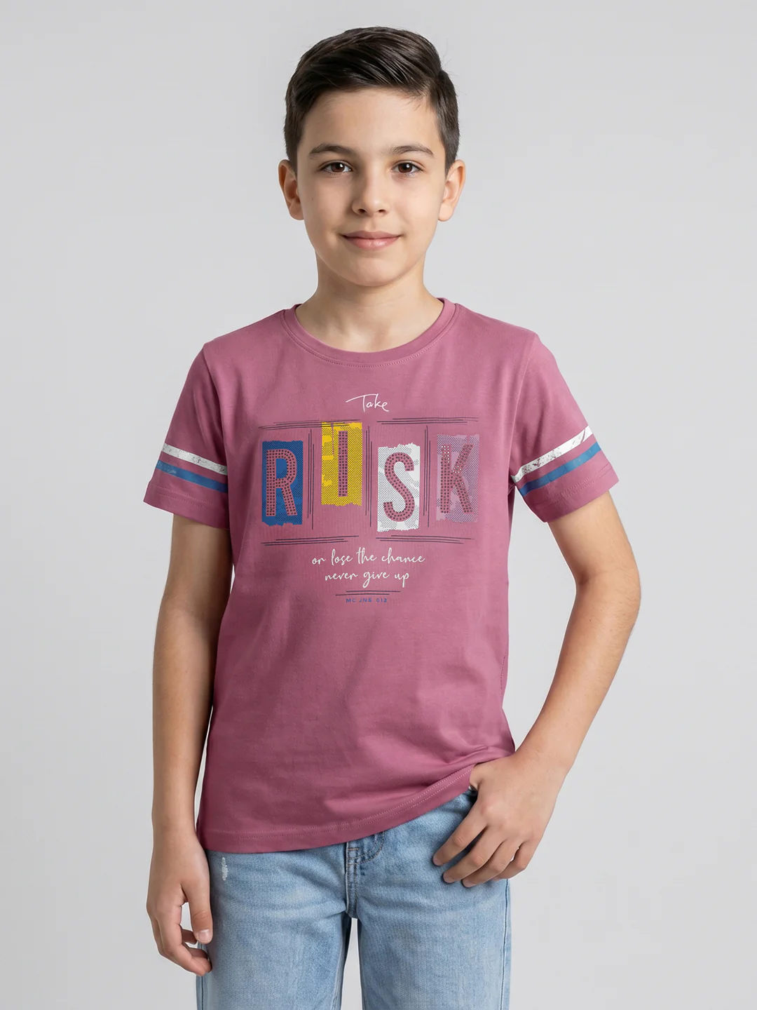 Boys Rose Red Printed Round Neck Half Sleeve T-Shirt