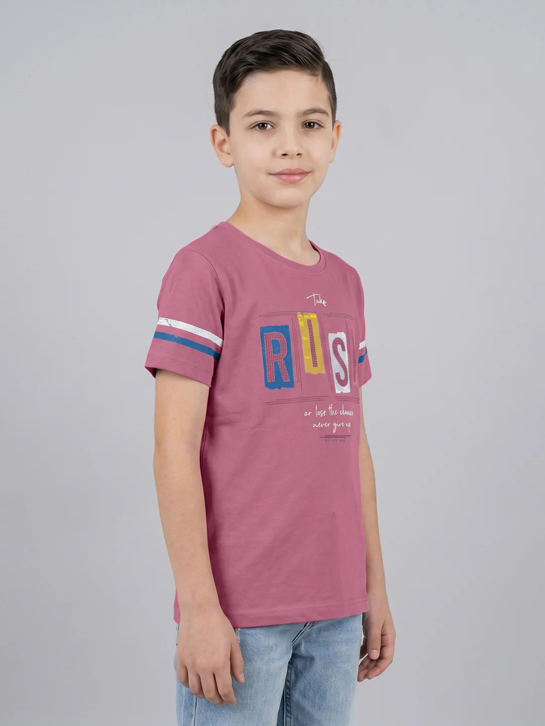 Boys Rose Red Printed Round Neck Half Sleeve T-Shirt - Image 2